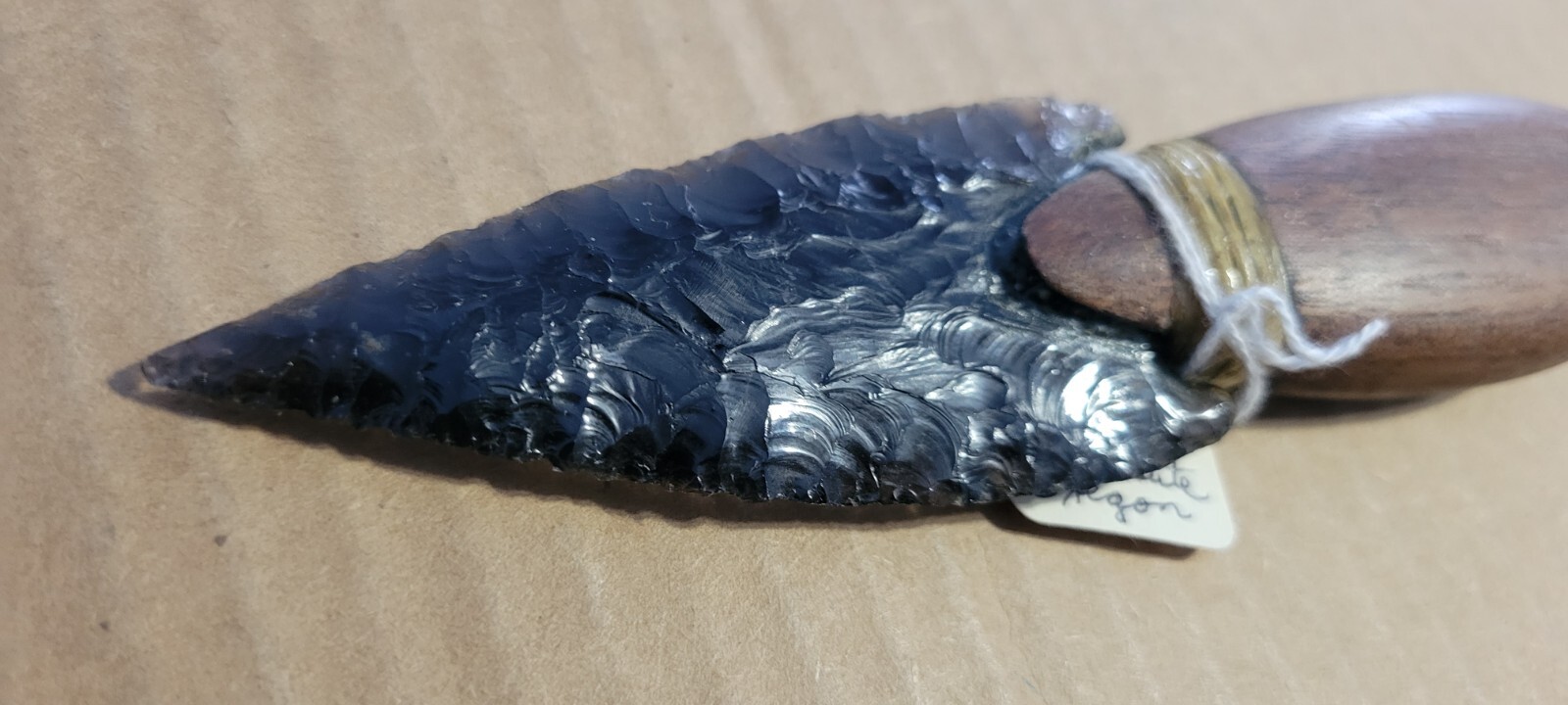 Native Amer.Smokey Obsidian Stone Knife Wood Handle Oregon Dbl. Edge Translucent