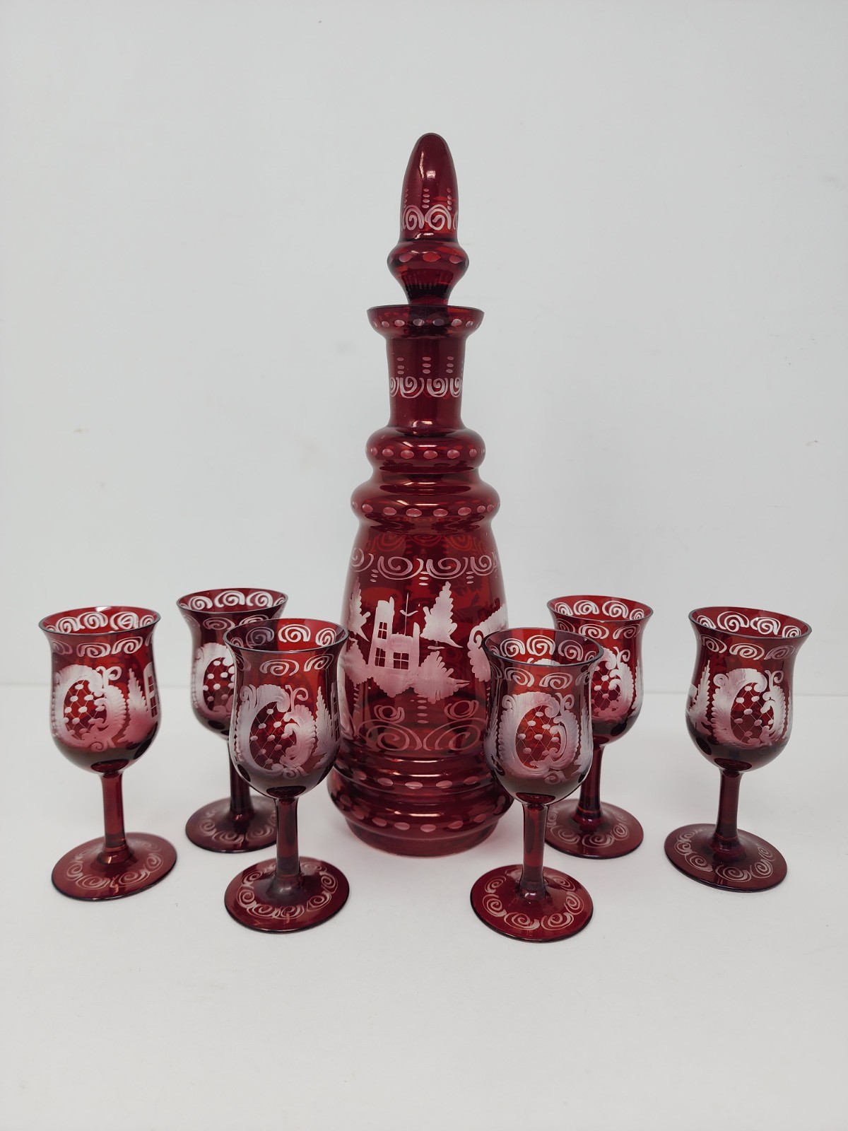 Set Of Egermann Bohemian Ruby Red Glass Decantor With Stopper & 6 Glasses