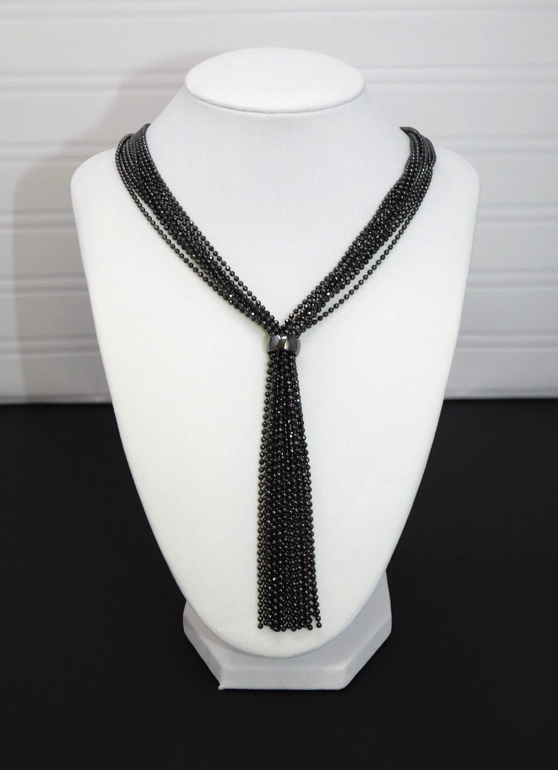 Vintage JOAN RIVERS Gunmetal Shimmering Y-Drop Tassel Necklace & Earrings Set