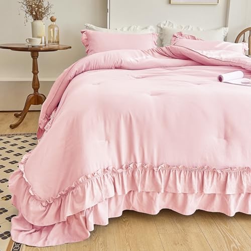 Ruffle Comforter Set 3 Pieces Vintage Ruffle Fringe Queen Peach Pink