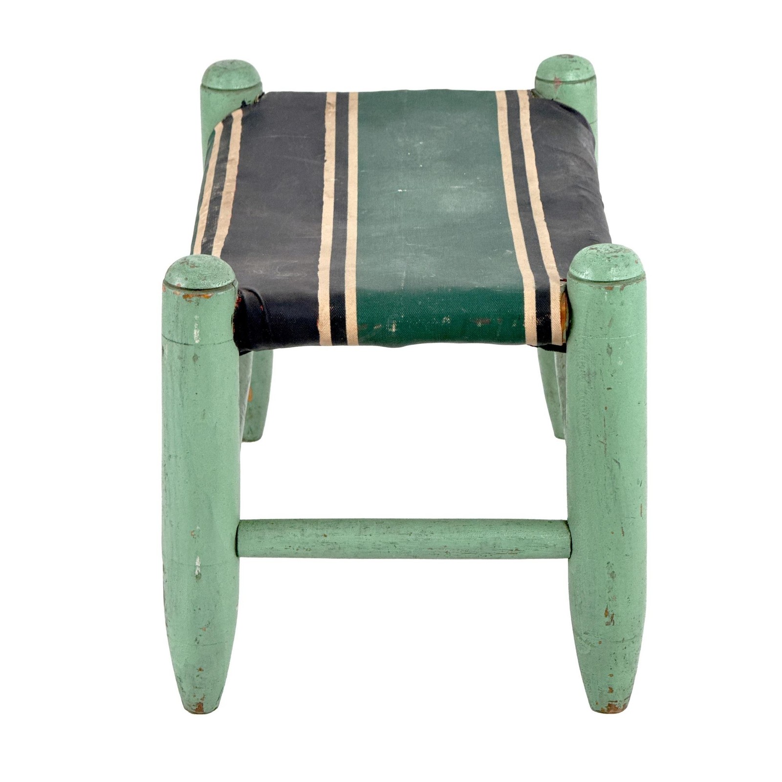 Vtg 30s Turquoise Green Painted Wooden Stool Striped Straw Stuffed Oilcloth Seat
