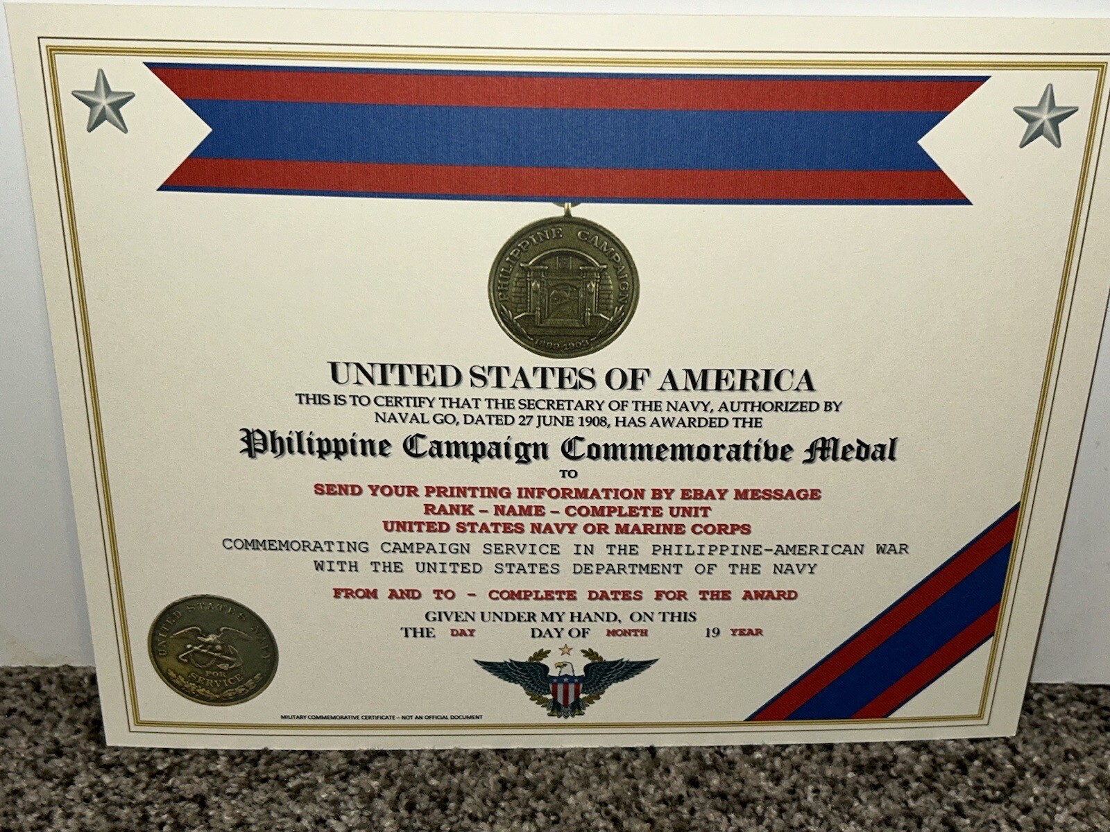 PHILIPPINE CAMPAIGN (NAVY) COMMEMORATIVE MEDAL CERTIFICATE ~ W/PRINTING TYPE-1