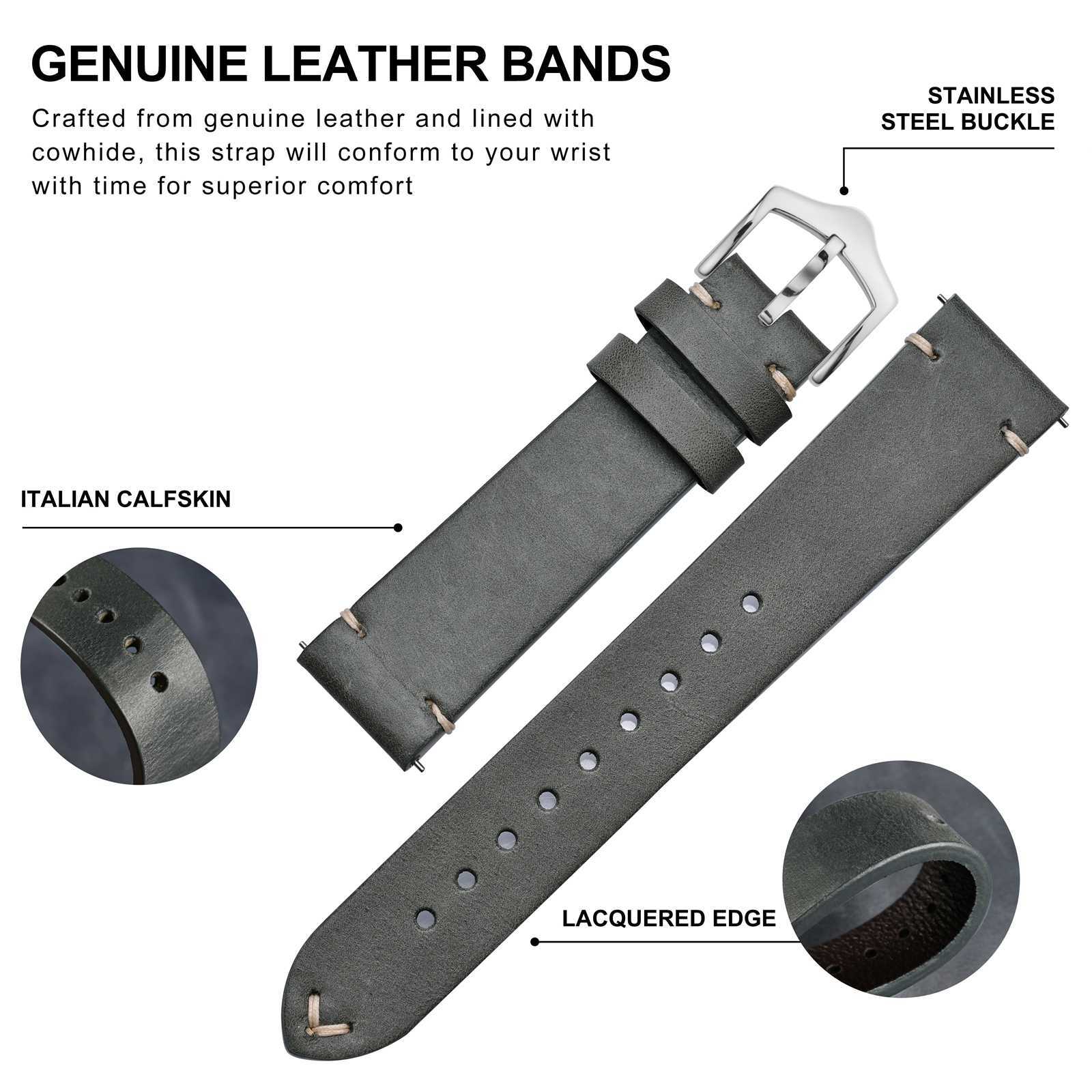 BISONSTRAP Calfskin Leather Watch Strap Quick Release 18mm 20mm 22mm Watch Band