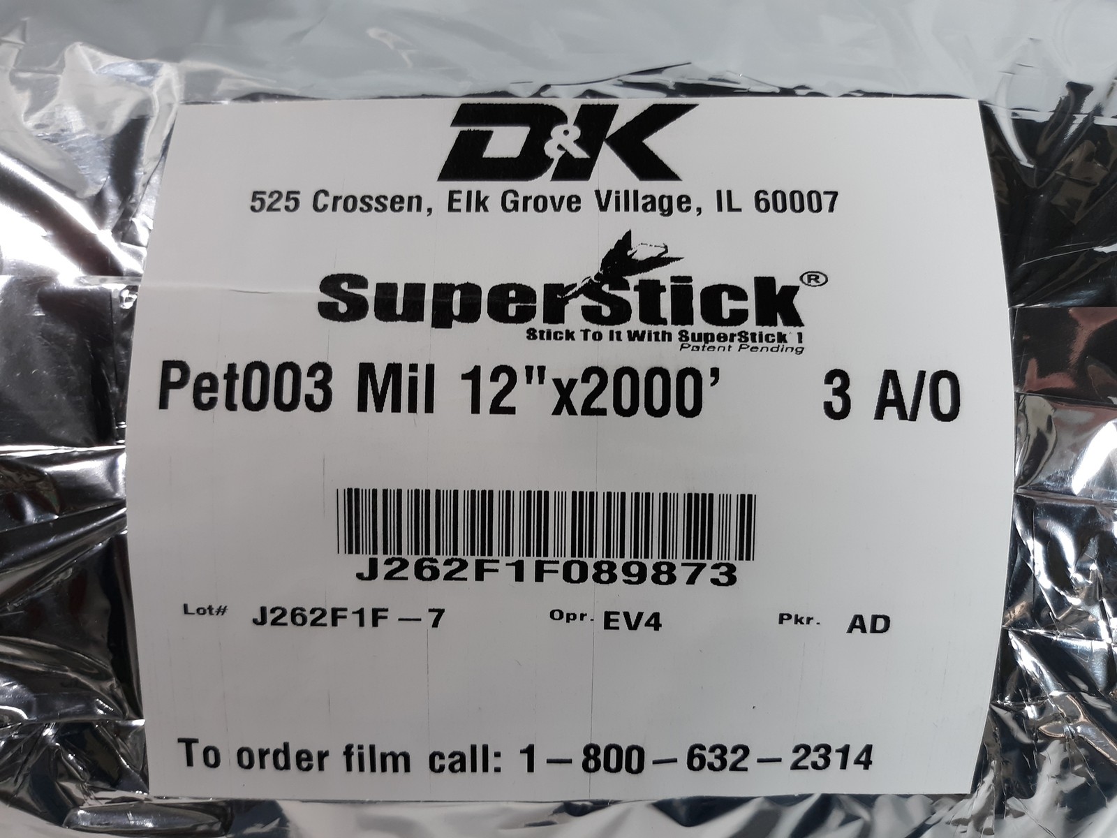 D&K SuperStick Pet003 Mil 12"x2000' Specialty Adhesive EV4 3 A/O