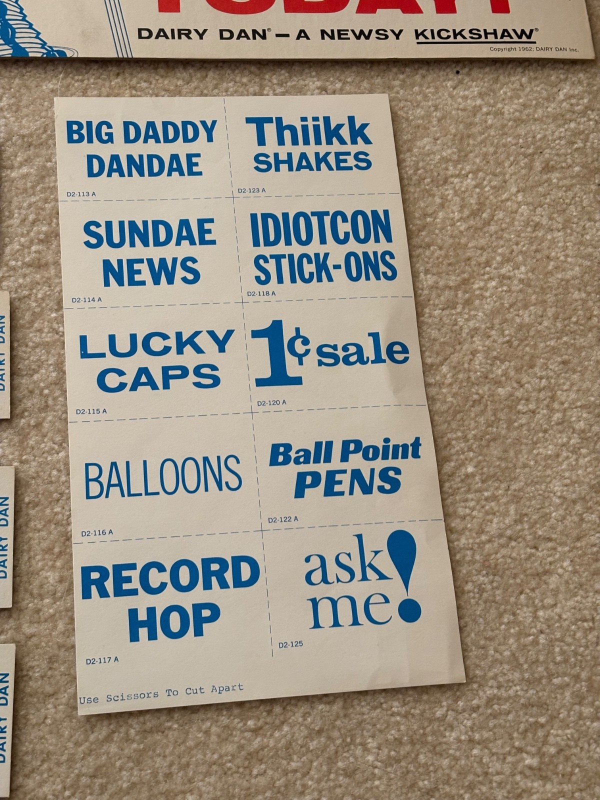 1962 Vintage Dairy Dan Inc. Ice Cream, Daily Flavor Menu Board