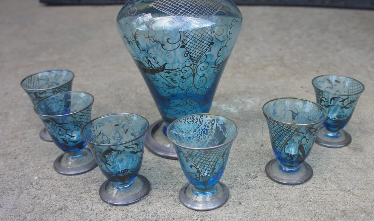 Vintage Venetian Murano Glass Decanter & Six Cordial Glasses Blue Silver Overlay