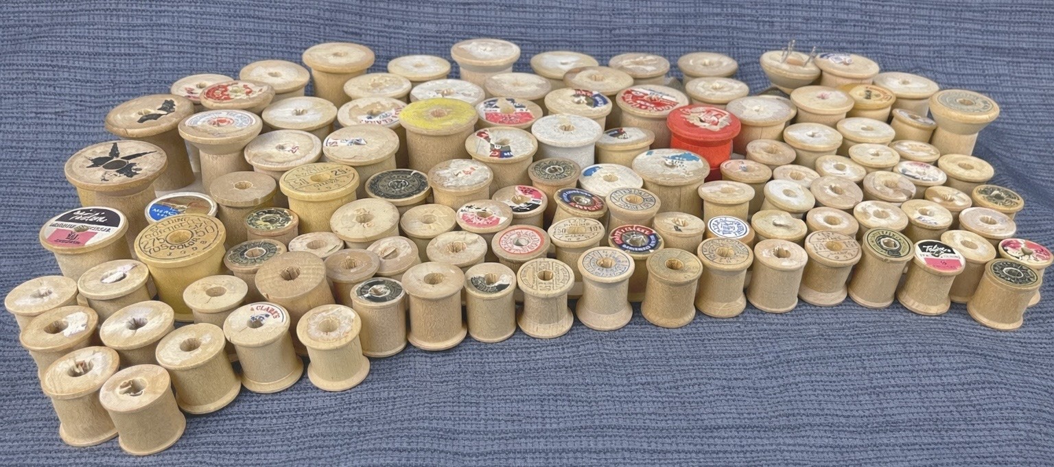 Lot of 112 Vintage Empty Wooden Sewing Thread Spools Various Brands & Sizes