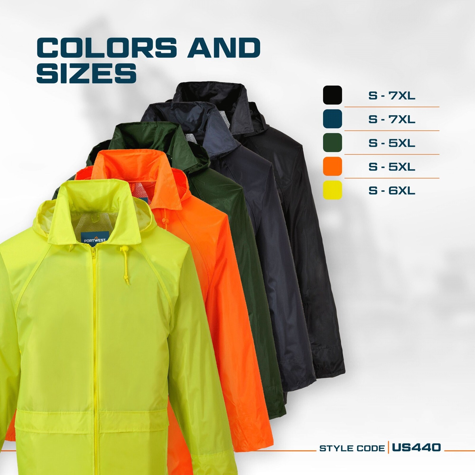 Portwest US440 Mens Waterproof Rain Jacket Lightweight Coat Pack Away Hood