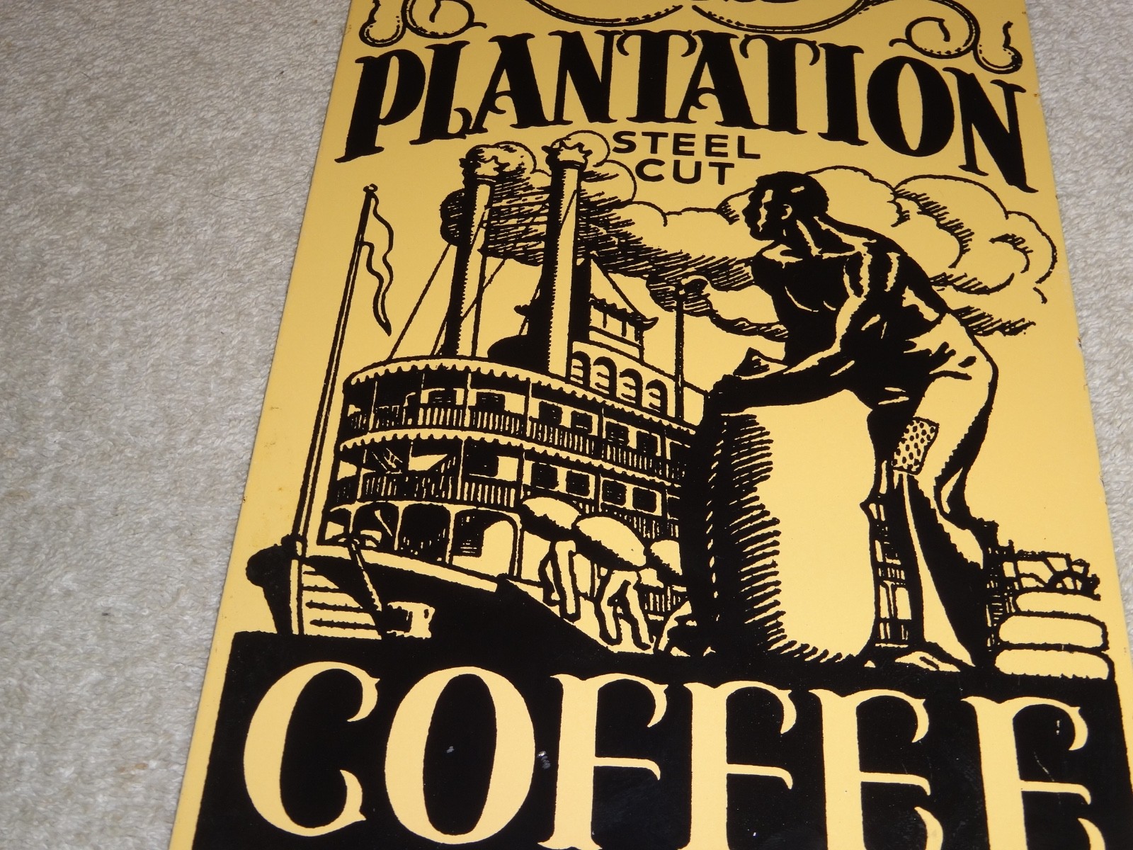 VINTAGE OLD PLANTATION COFFEE W/ PADDLE BOAT 10.5" PORCELAIN METAL GASOLINE SIGN
