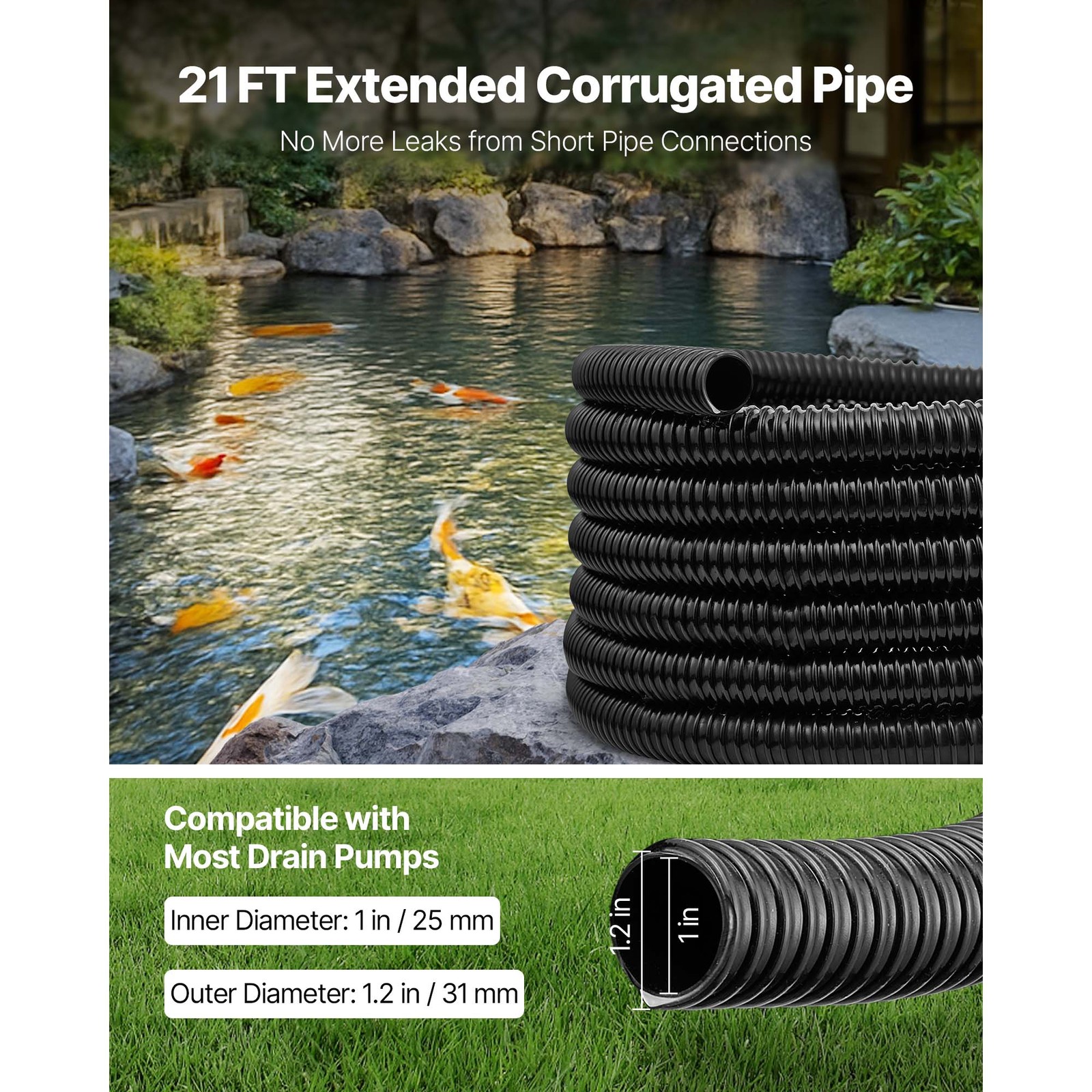 Uimoso 21 ft Flexible PVC Pond Tubing 1 in Inner Diameter, Corrugated Drain Hose