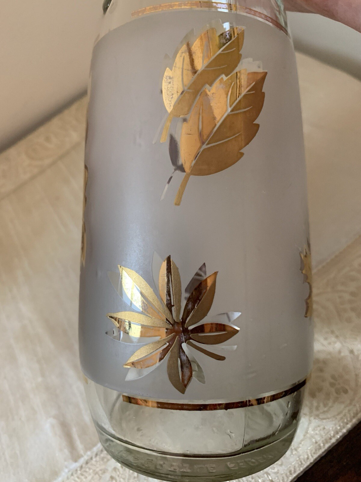 Vintage Libbey Frosted White with Gold Leaves Bottle/Decanter 12” Tall 3” High
