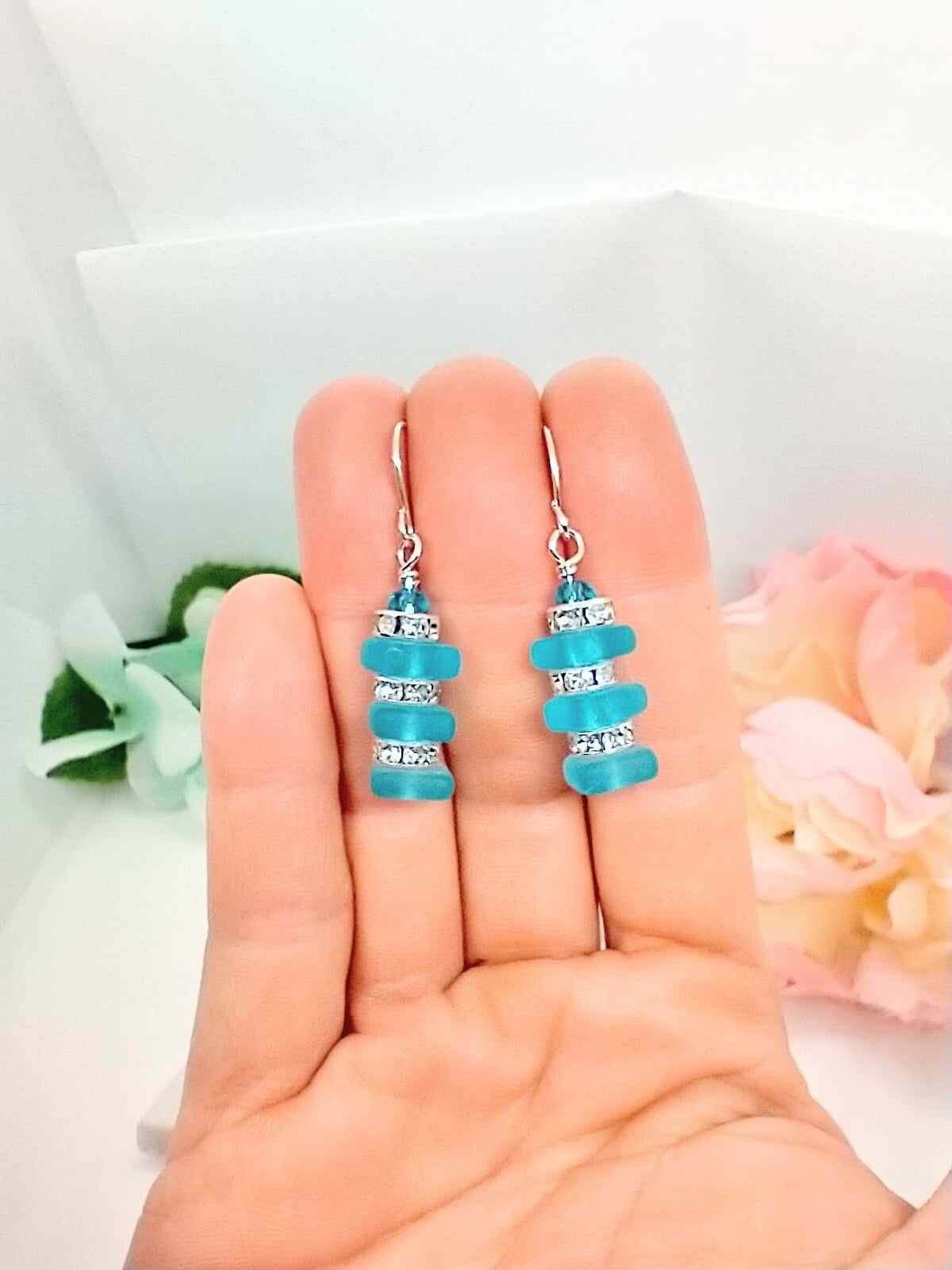 Stacked Lt. Blue Sea Glass Earrings, Gift For Her, Handmade, Minimalist Jewelry