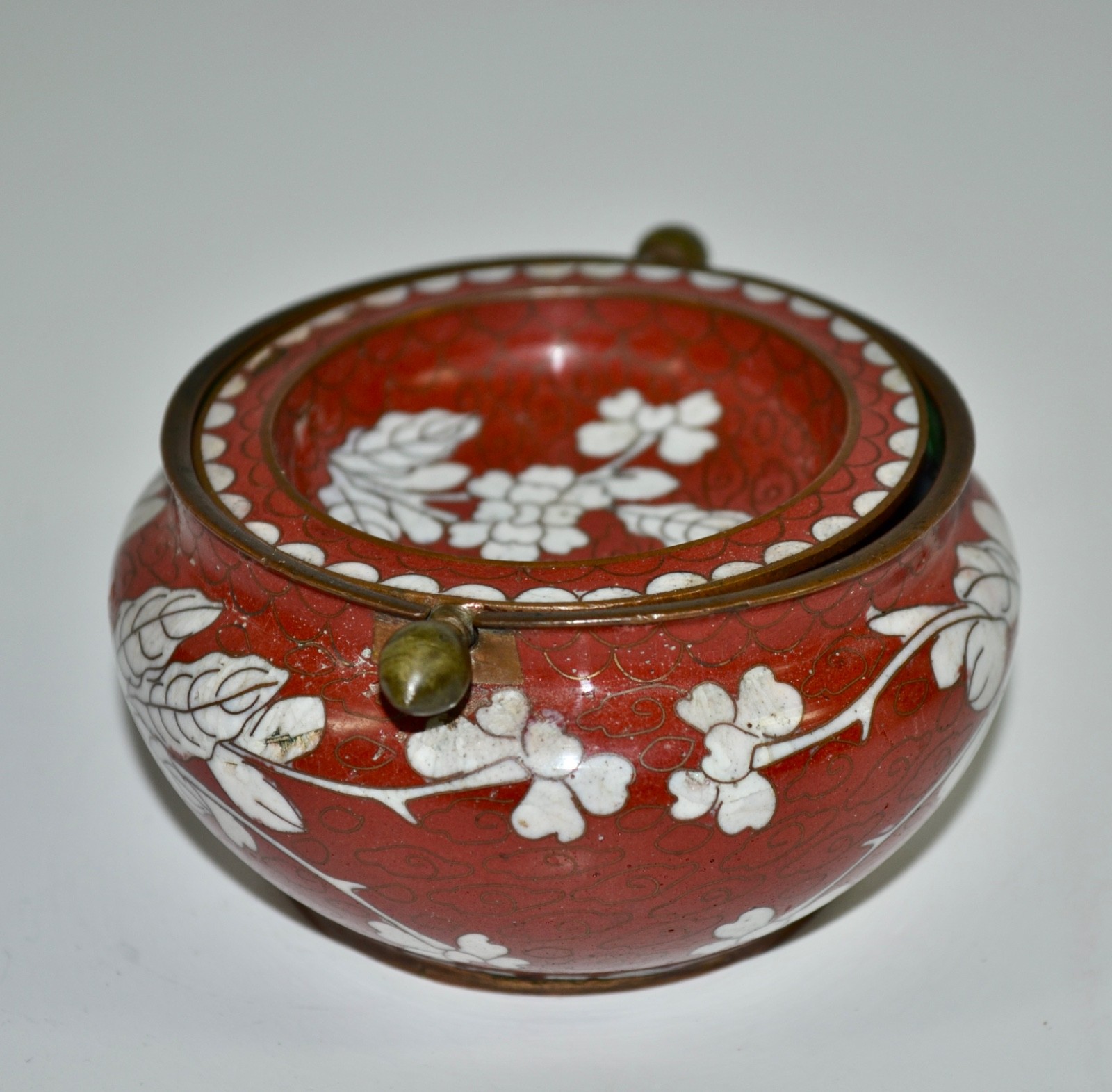 Vintage Chinese Export Red/White/Green Cloisonné Incense Burner Tray Flip Top