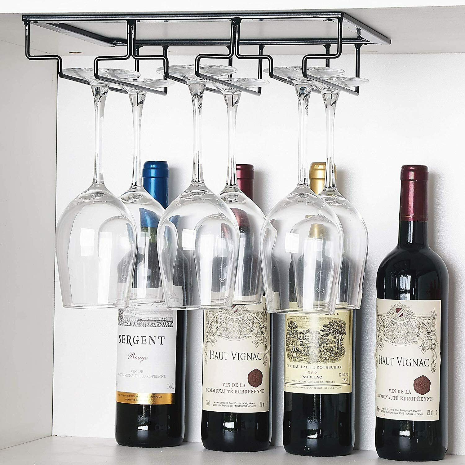 3 Rows Under Cabinet Stemware Wine Glass Holder Glasses for Bar Kitchen Black