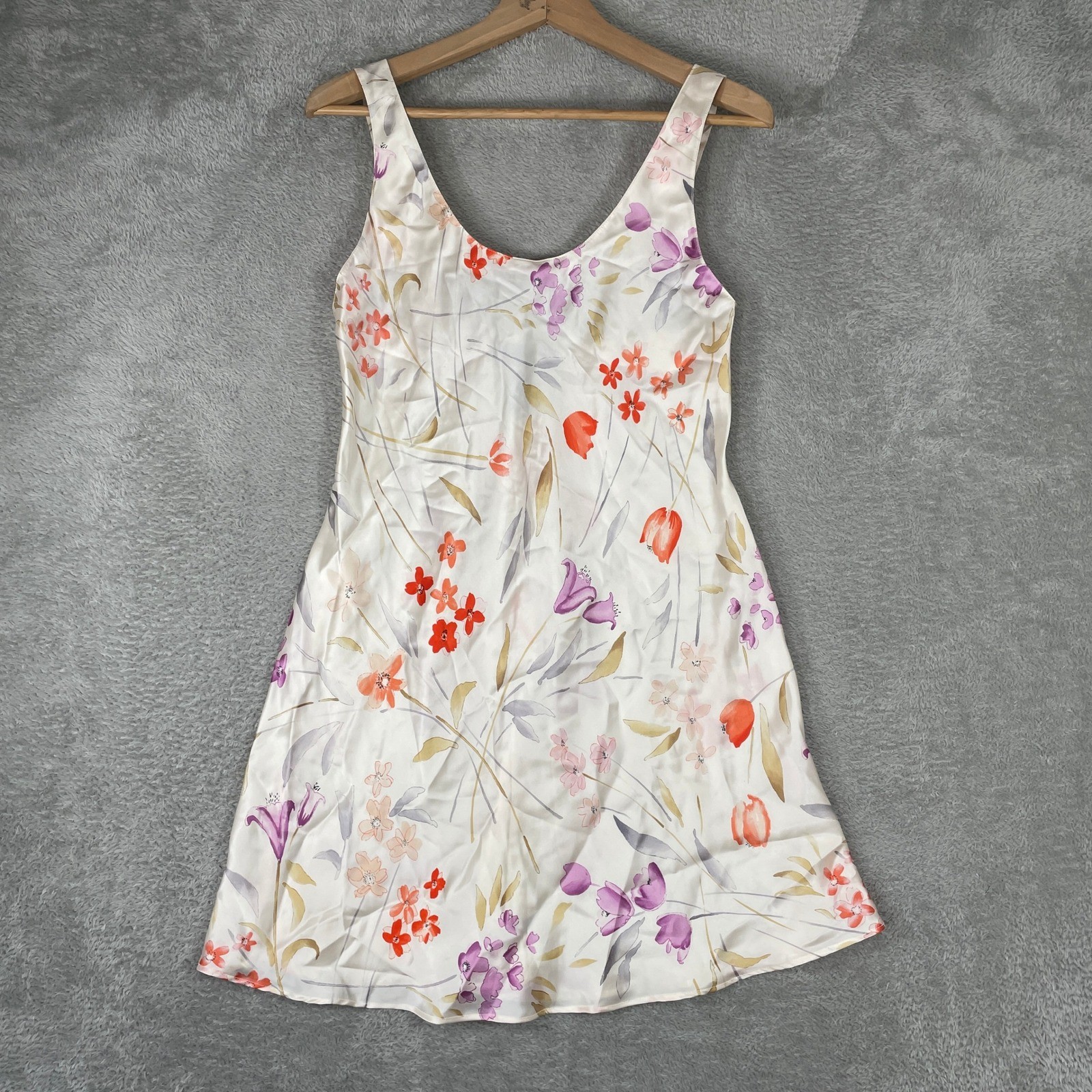 August Silk Slip Dress Womens Small Cream Floral 100% Silk Intimates Chemise 90s