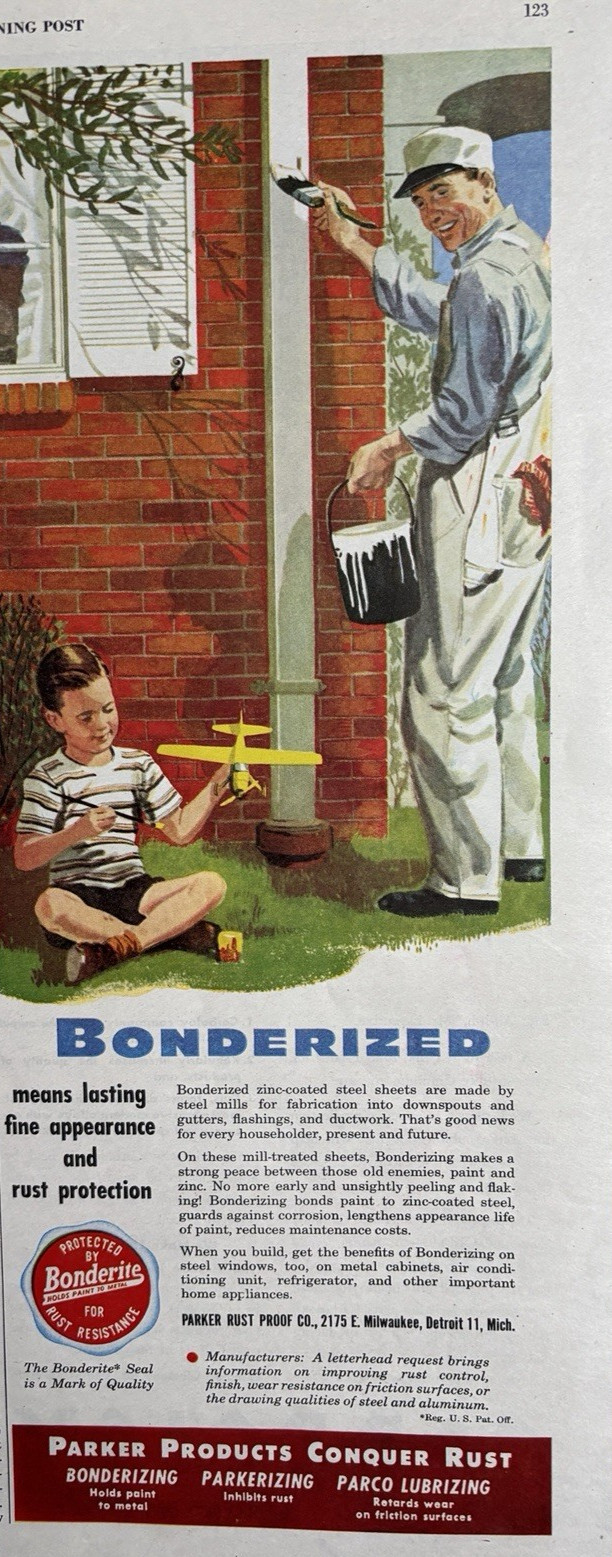 1947 Parker Products Bonderized Zinc Coated Steel sheets Gutters VTG Print Ad