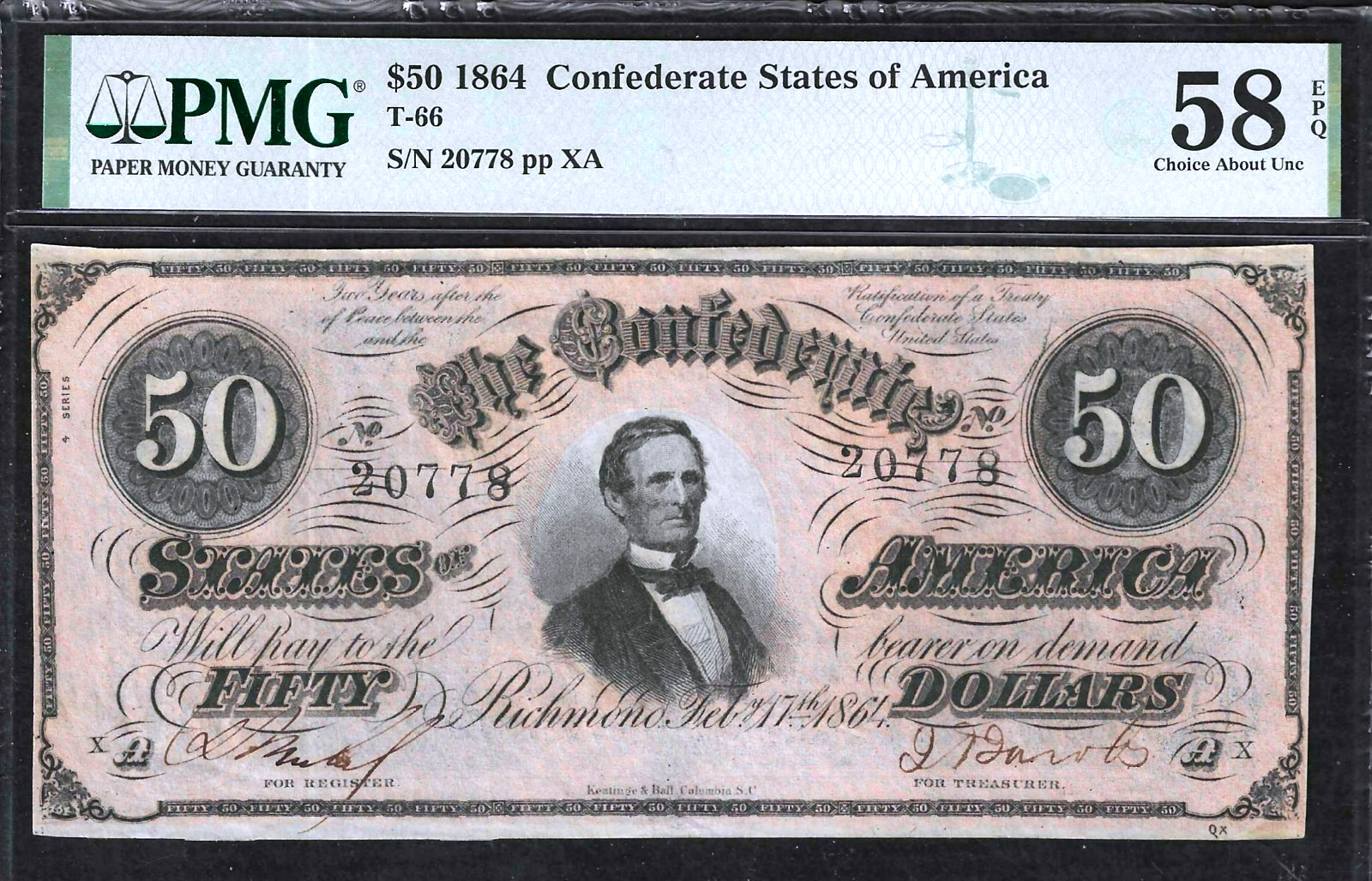 1864 $50 CONFEDERATE ~ T-66 ~ JEFFERSON DAVIS ~ PMG CHOICE ABOUT UNC 58 EPQ