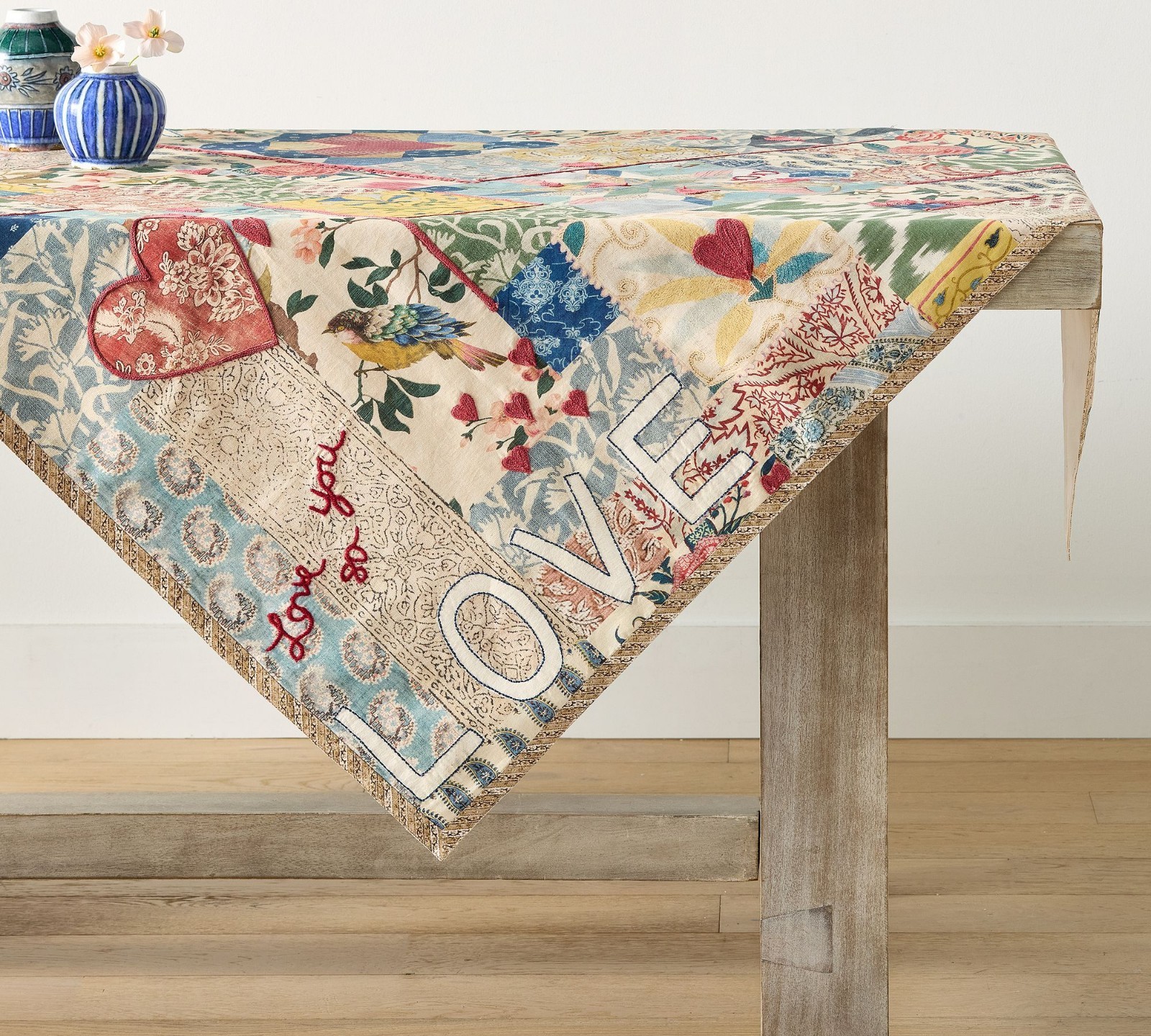 Pottery Barn Elise Love Embroidered Cotton Table Throw NEW