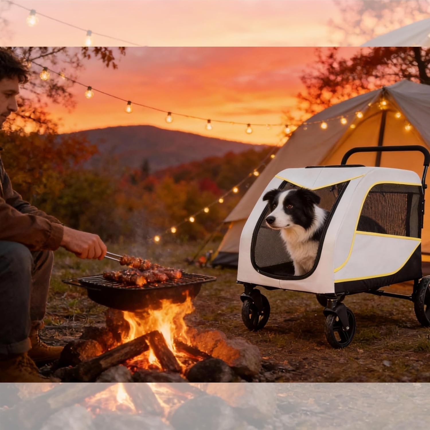 Large Pet Stroller 4 Wheels 130 Lbs, Foldable Dog Cat Cage with Foot Brake White