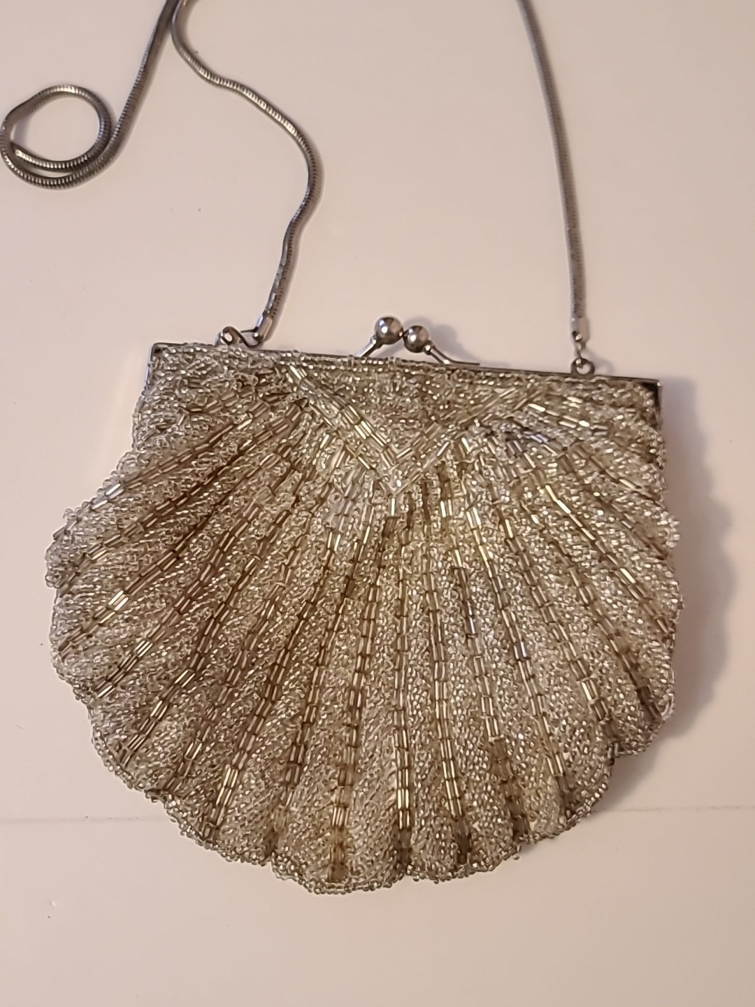 Vintage Beaded Silver Clam Shell Purse Evening Bag Retro Mermaid