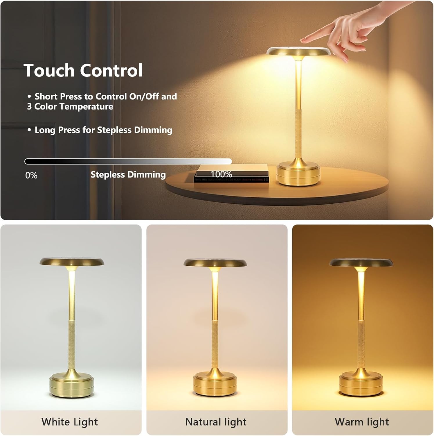 Cordless Table Lamp Dimmable 3-Color Dest Lamp Rechargeable LED Night Light