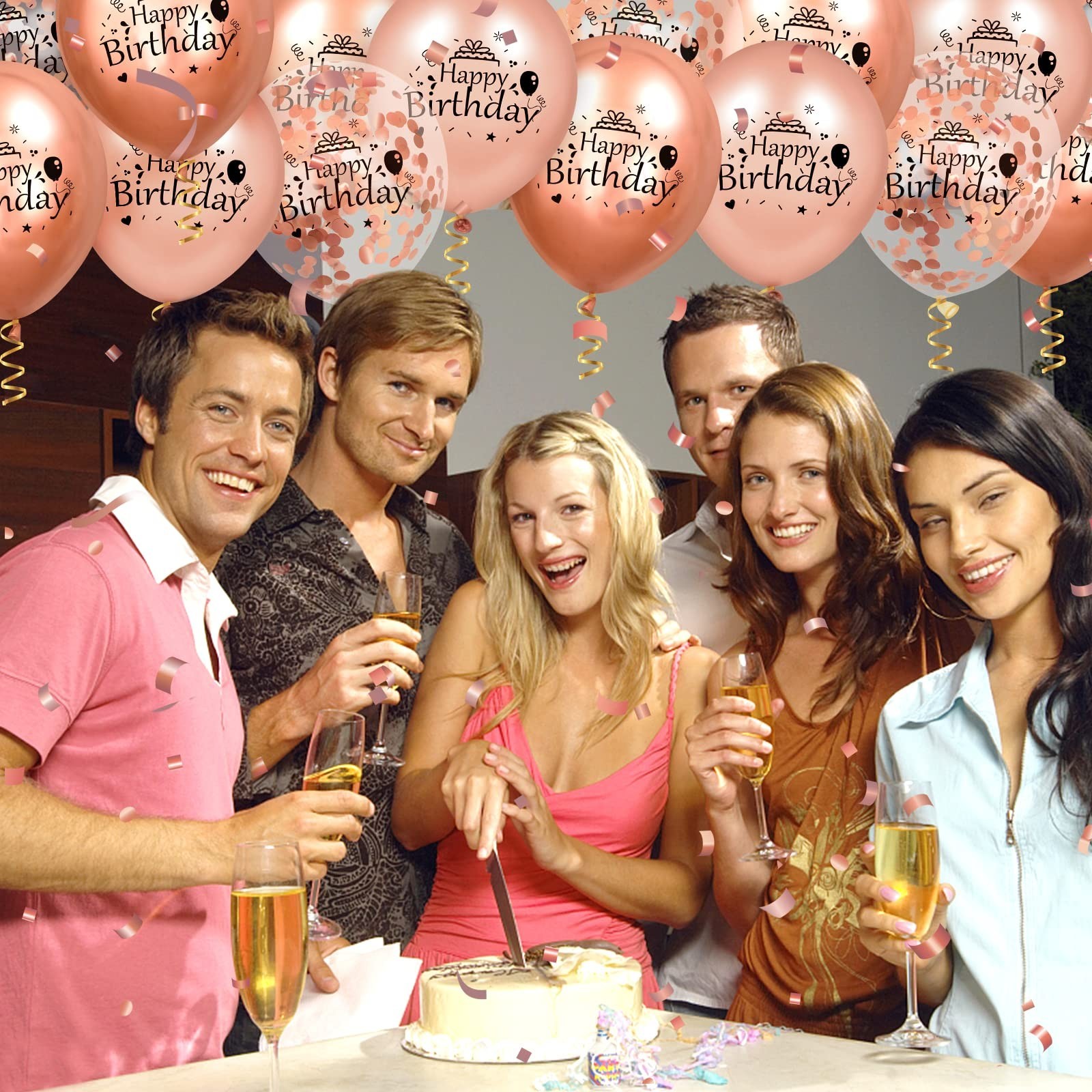 RUMIA Rose Gold Happy Birthday Balloons 18 Pcs 12 Inch Latex Confetti Balloon...