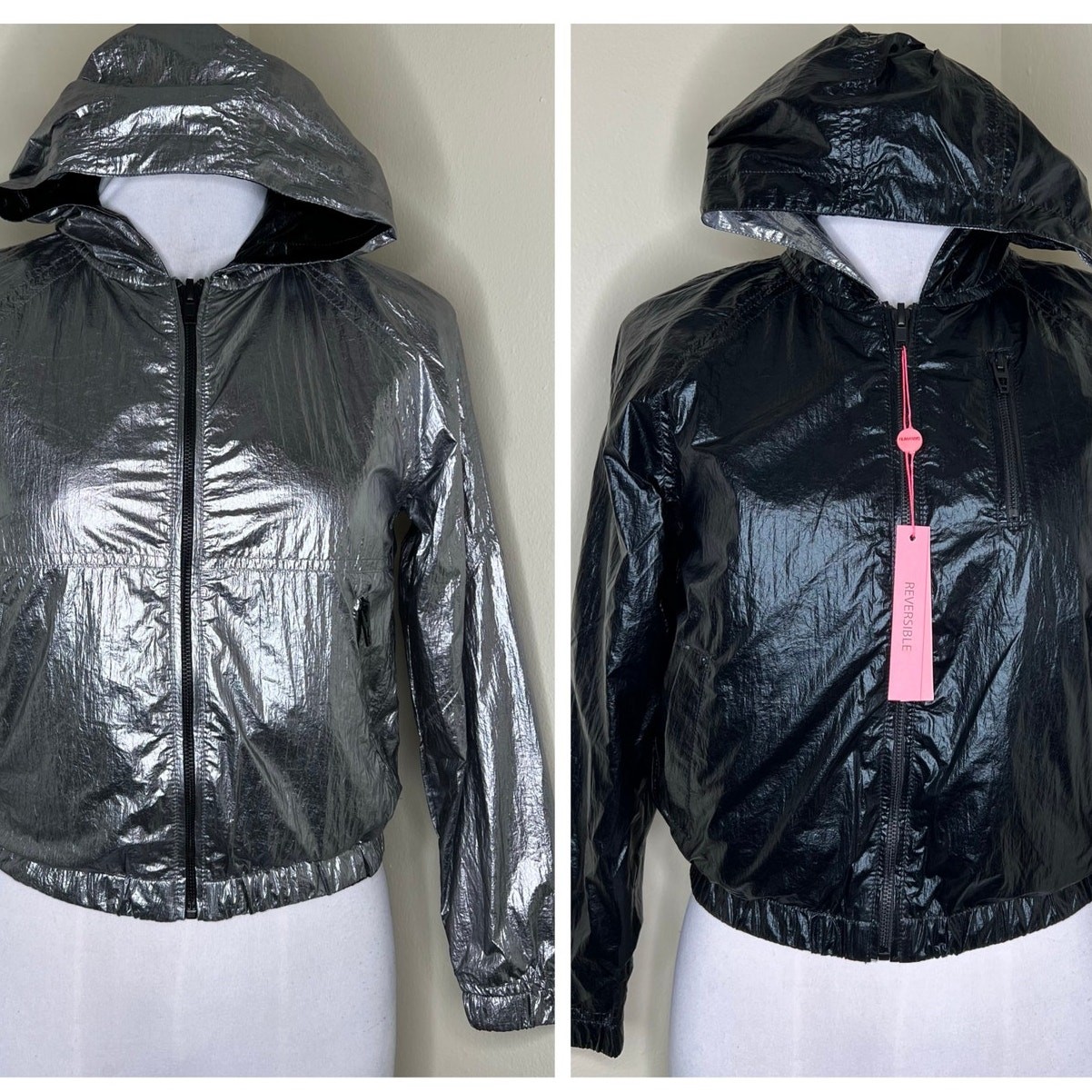 Blank NYC Reversible Jacket Medium Girls Silver Black Metallic Foil Packable New