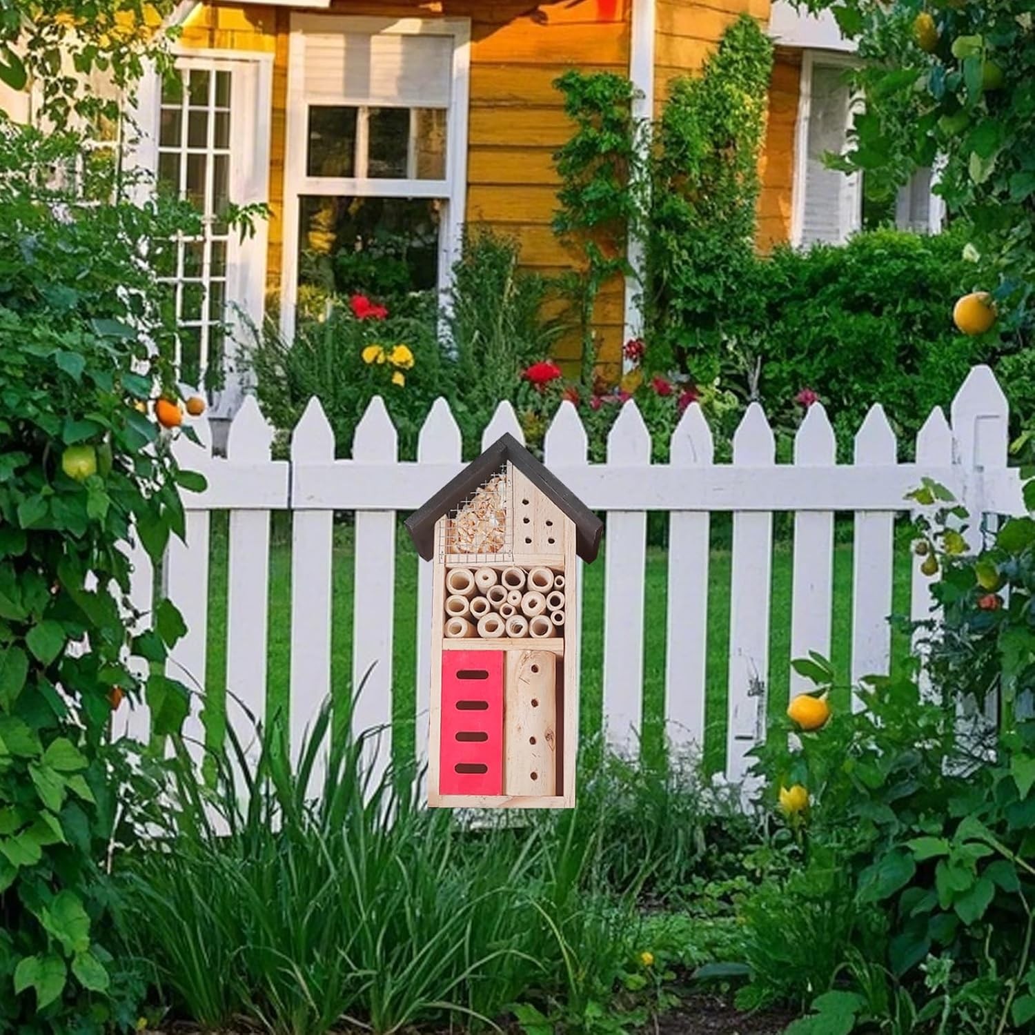Insect Hotel Hanging Bee House Wooden Insect House, Natural Habitat for Benefici