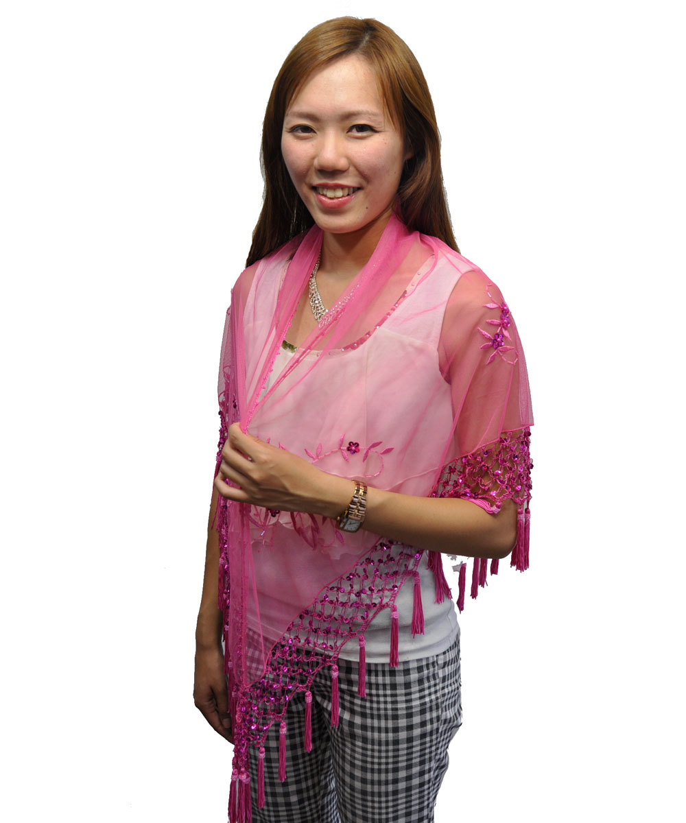 Lady's green color triangle beaded embroidery shawl with tassel