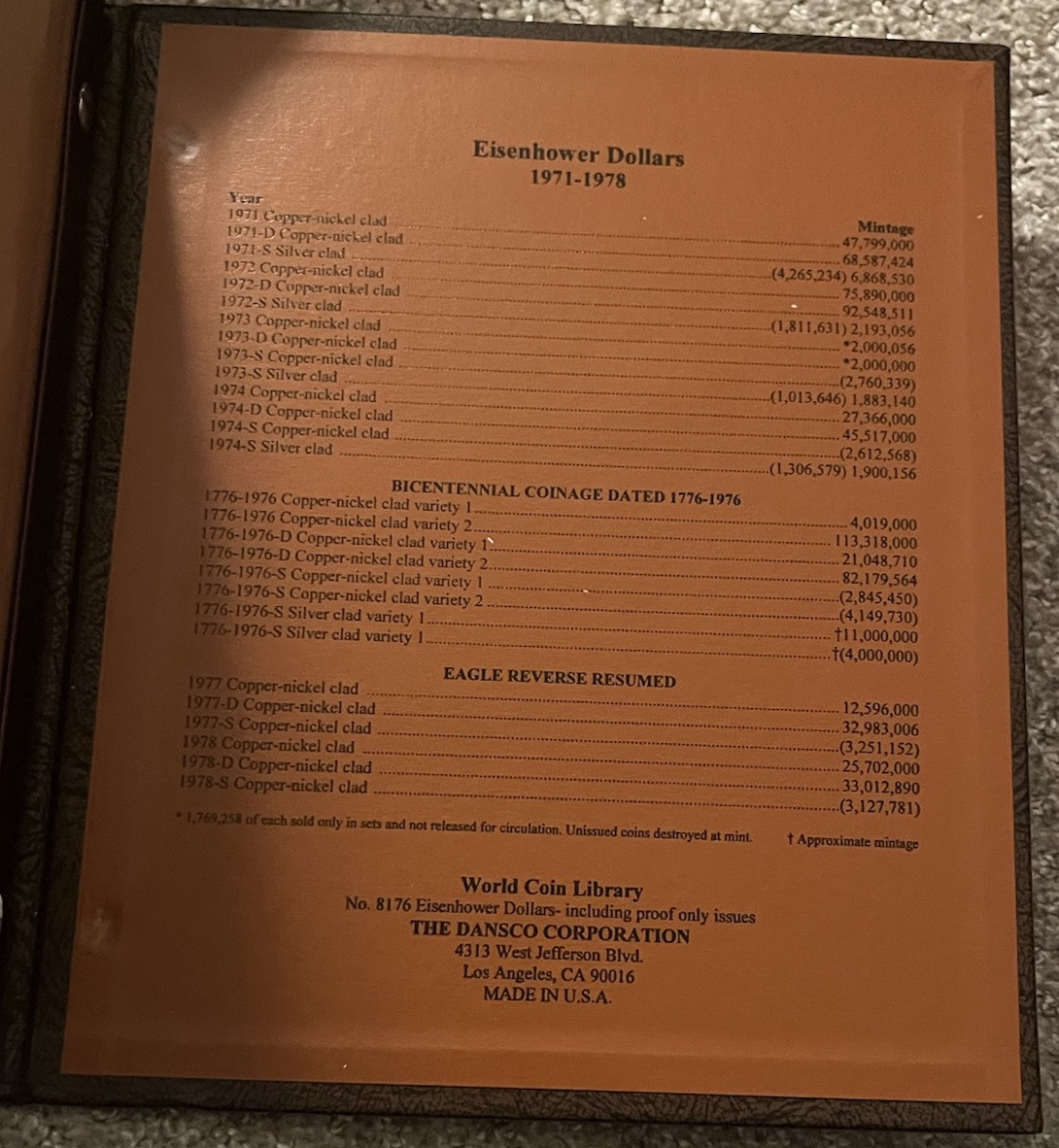 DANSCO COIN ALBUM #8176 EISENHOWER IKE DOLLARS 1971-1978 INCLUDING PROOFS