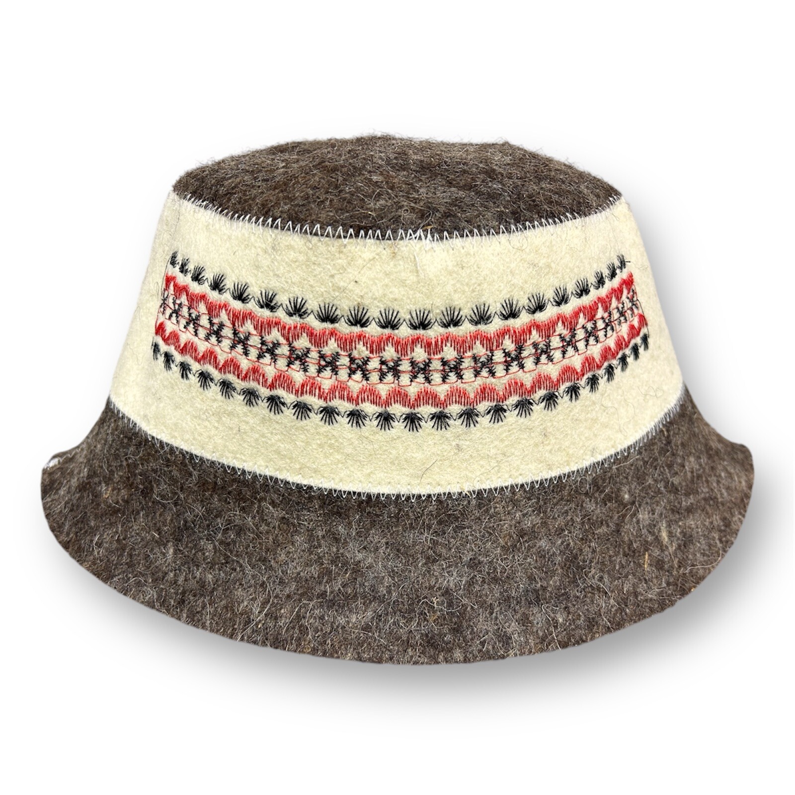 Wool Sauna Panama Hat with Red Embroidered Pattern - Natural Felt Bath Hat