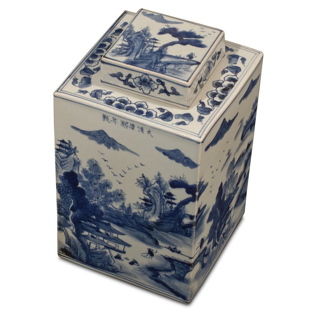 US Seller - Blue and White Porcelain Scenery Chinese Tea Jar