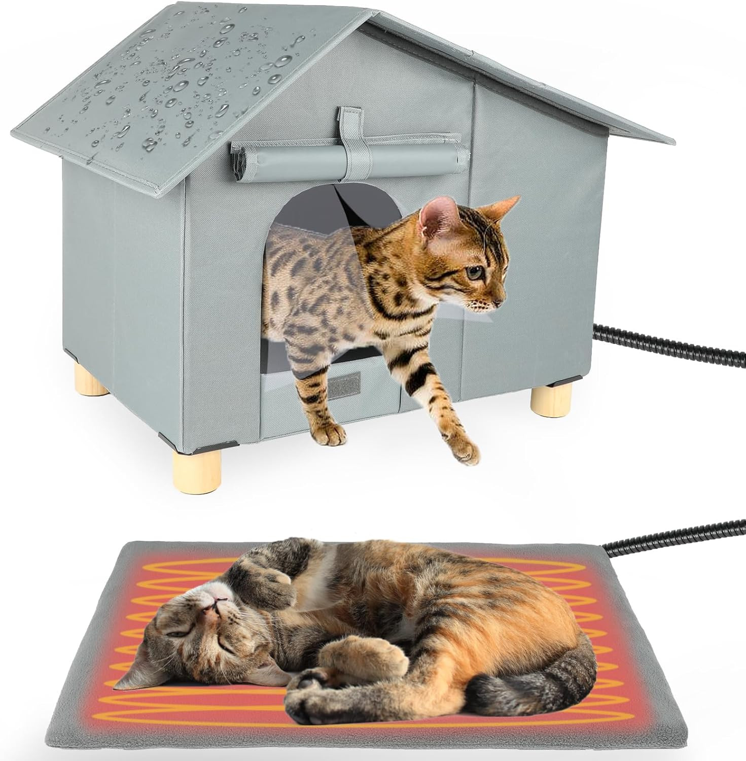 Heated Outdoor Cat House for Winter, Elevated Weatherproof Cat House with Thermo