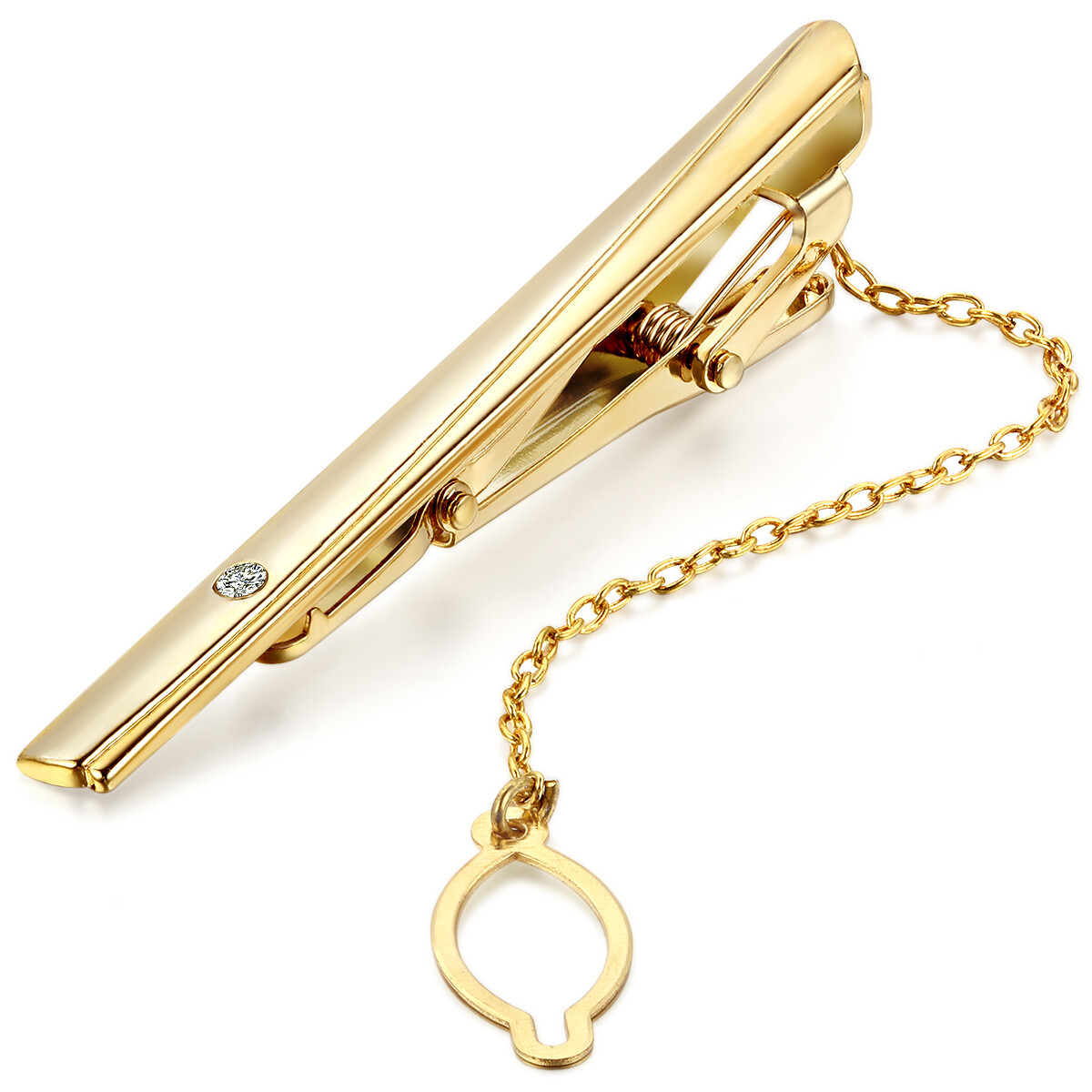 Polished Gold Tone Metal CZ Cufflinks Tie Bar Clasp Clip Set Men's Modish Gift