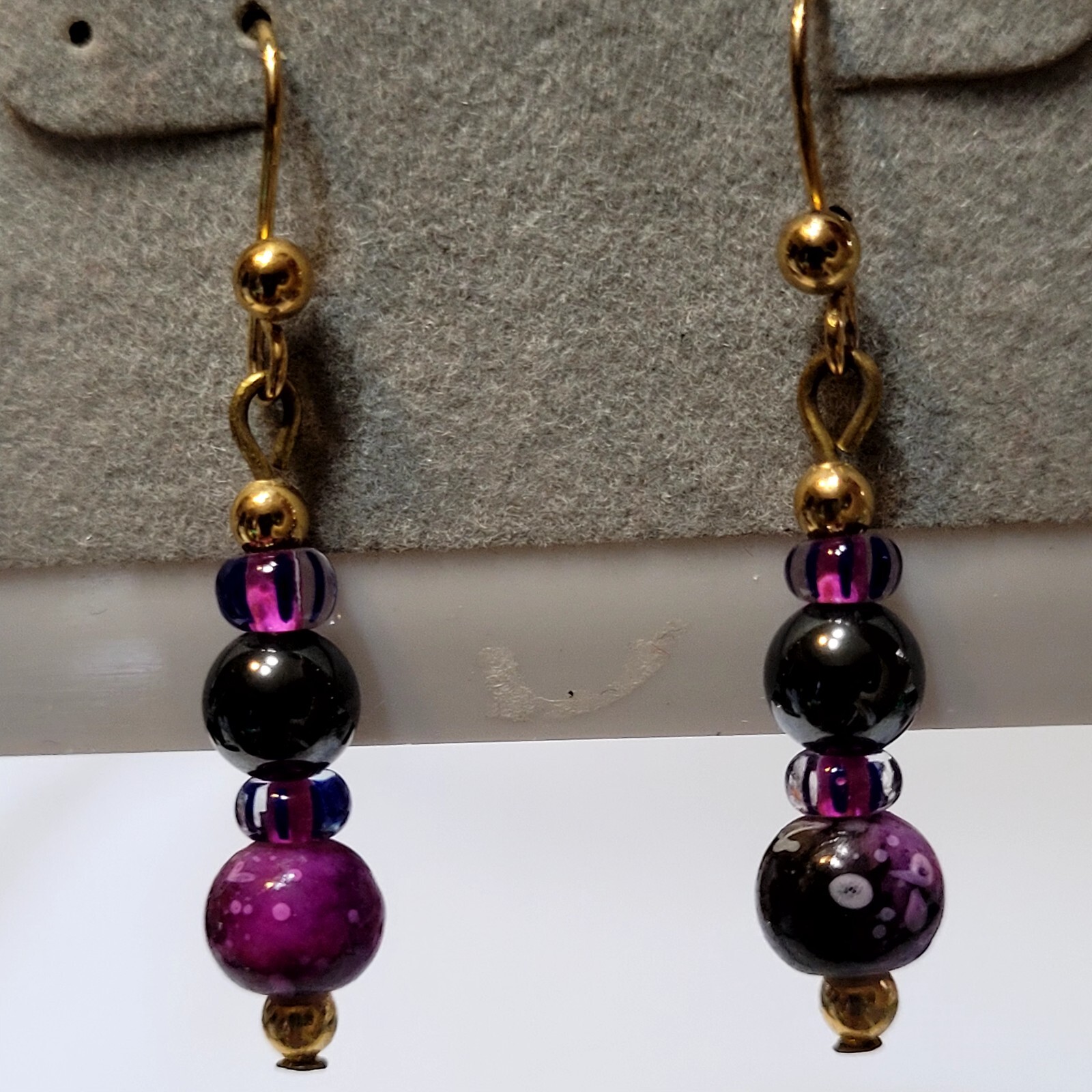 Goldtone Purple, Black, And Gold Beaded Pierced Hook Earrings