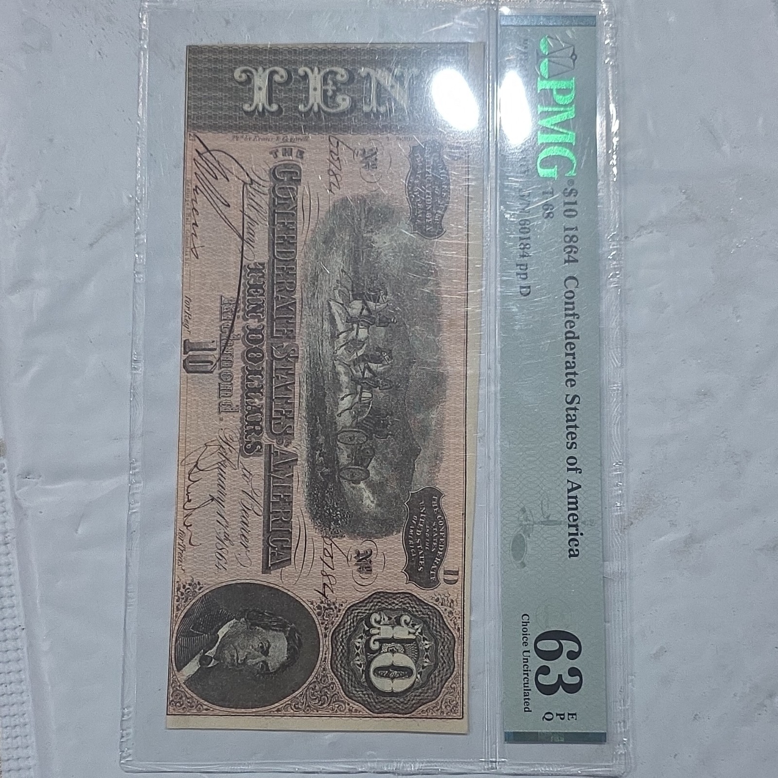 1864 $10 Confederate Currency PMG 63 EPQ Certified S/N 60184