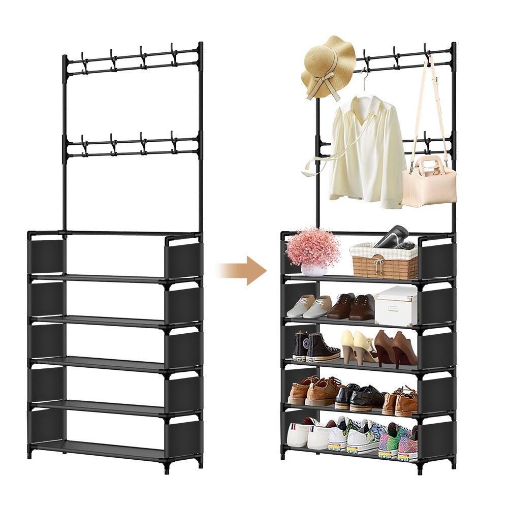 Coat Rack with Shoe Storage,5-Tier Shoe Rack and 8 Clothes Hooks Coat Rack Black