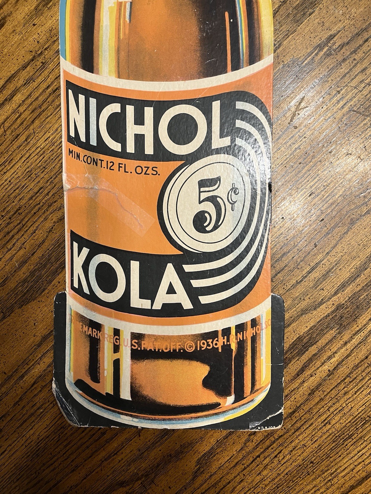 Antique 1936 Nichol Kola Cardboard Soda Bottle Advertising Sign