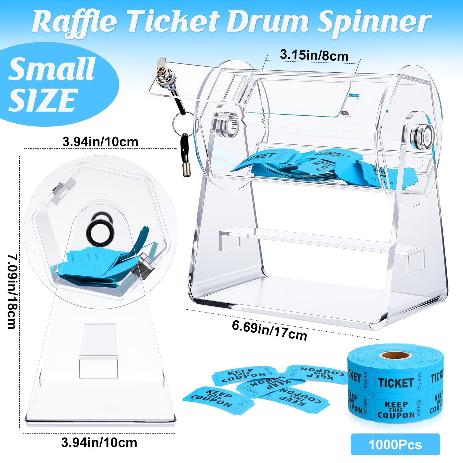 Acrylic Raffle Drum, Clear Raffle Ticket Box Drum Spinner Cage with 1000 Tick...