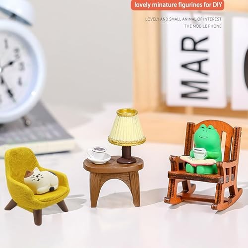 Miniature Frog and Cat Figurines Desk Accessories, Cute Frog Cat set of 6