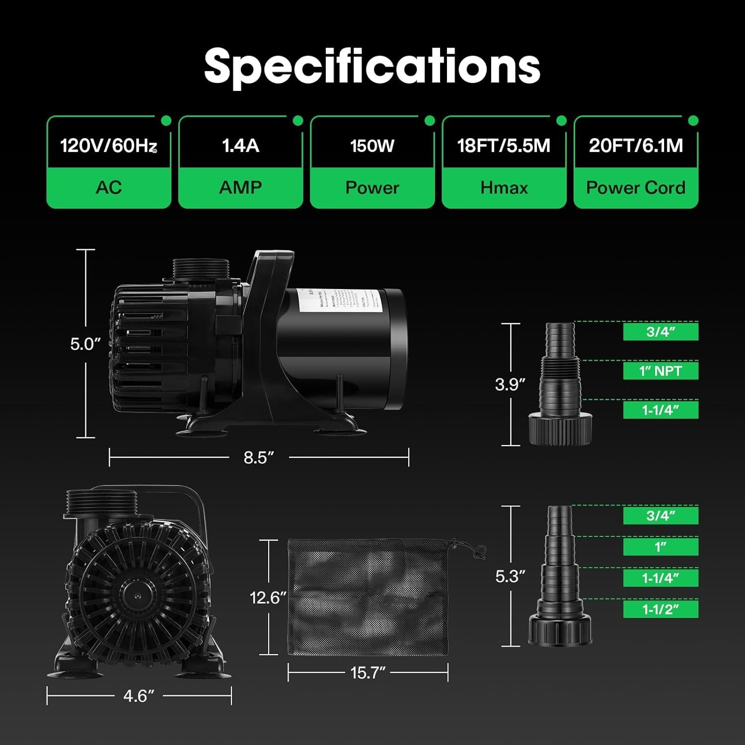 VIVOSUN 3000 GPH Submersible Water Pump 150W Pond Aquarium Pump 18FT Lift Height