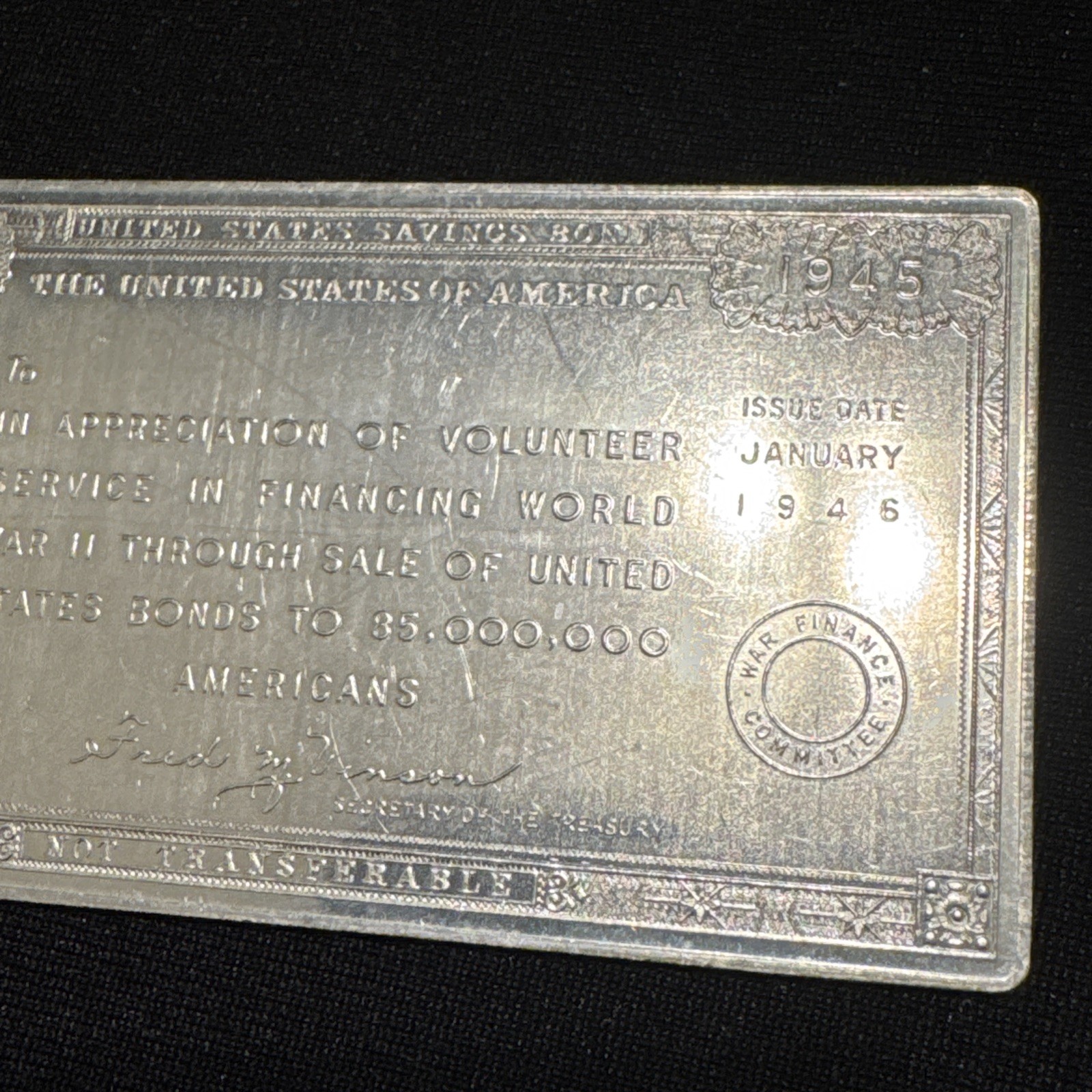 Vintage US Saving Bond Appreciation Aluminum Plaquette 1941-1945 WWII Minuteman