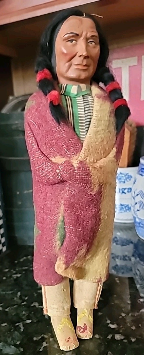 Antique Skookum Doll Early Paint Face Wool Straw Stuffed Mohair Wood Legs 15 1/2