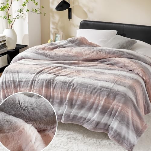 Queen Size Blanket Ultra-Soft Poly Fur Queen Size, 90x90" Blush/Grey