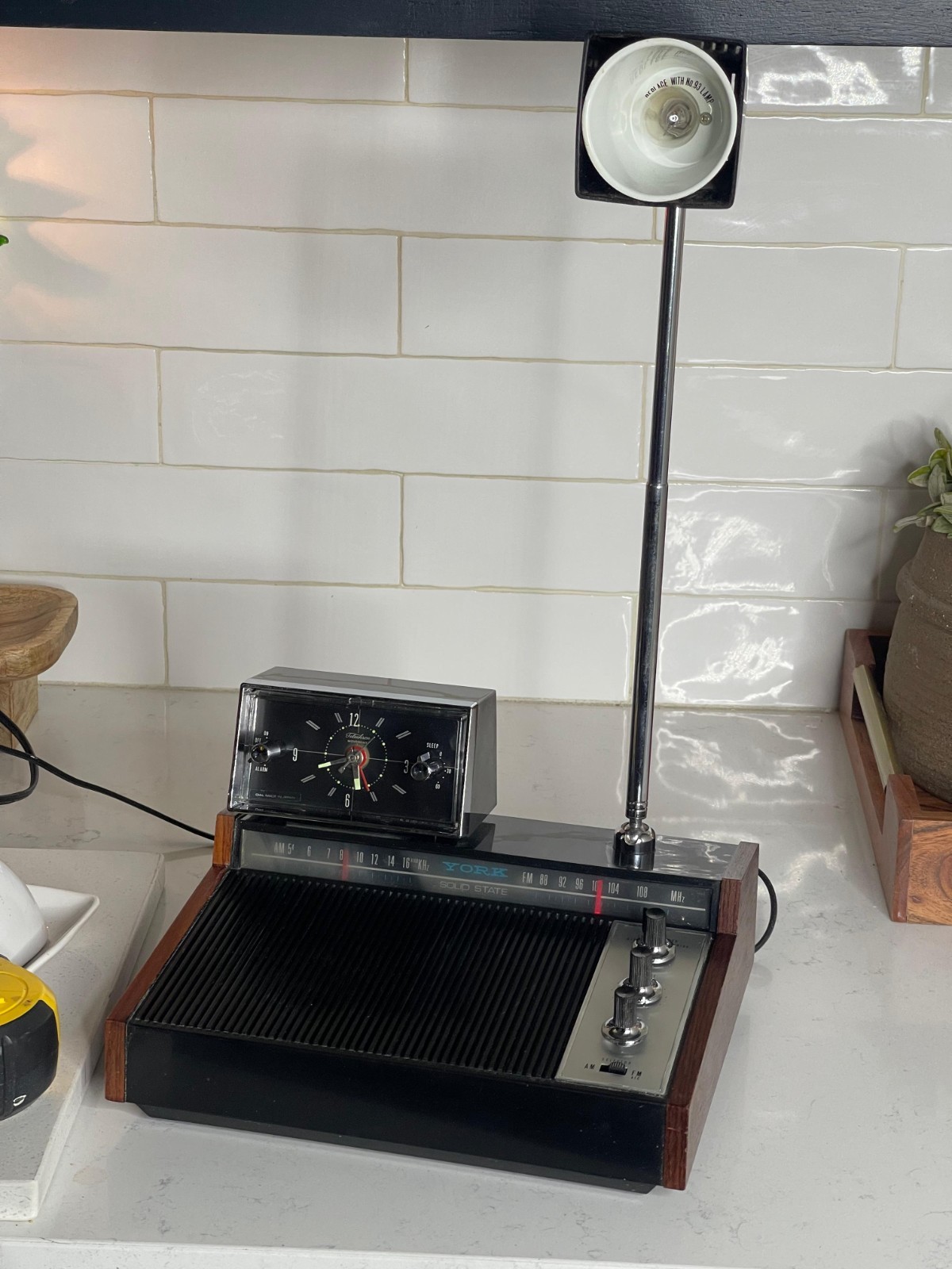 1960s Solid State YORK Rosewood MCM Clock Radio Desk Bedside Table Lamp.