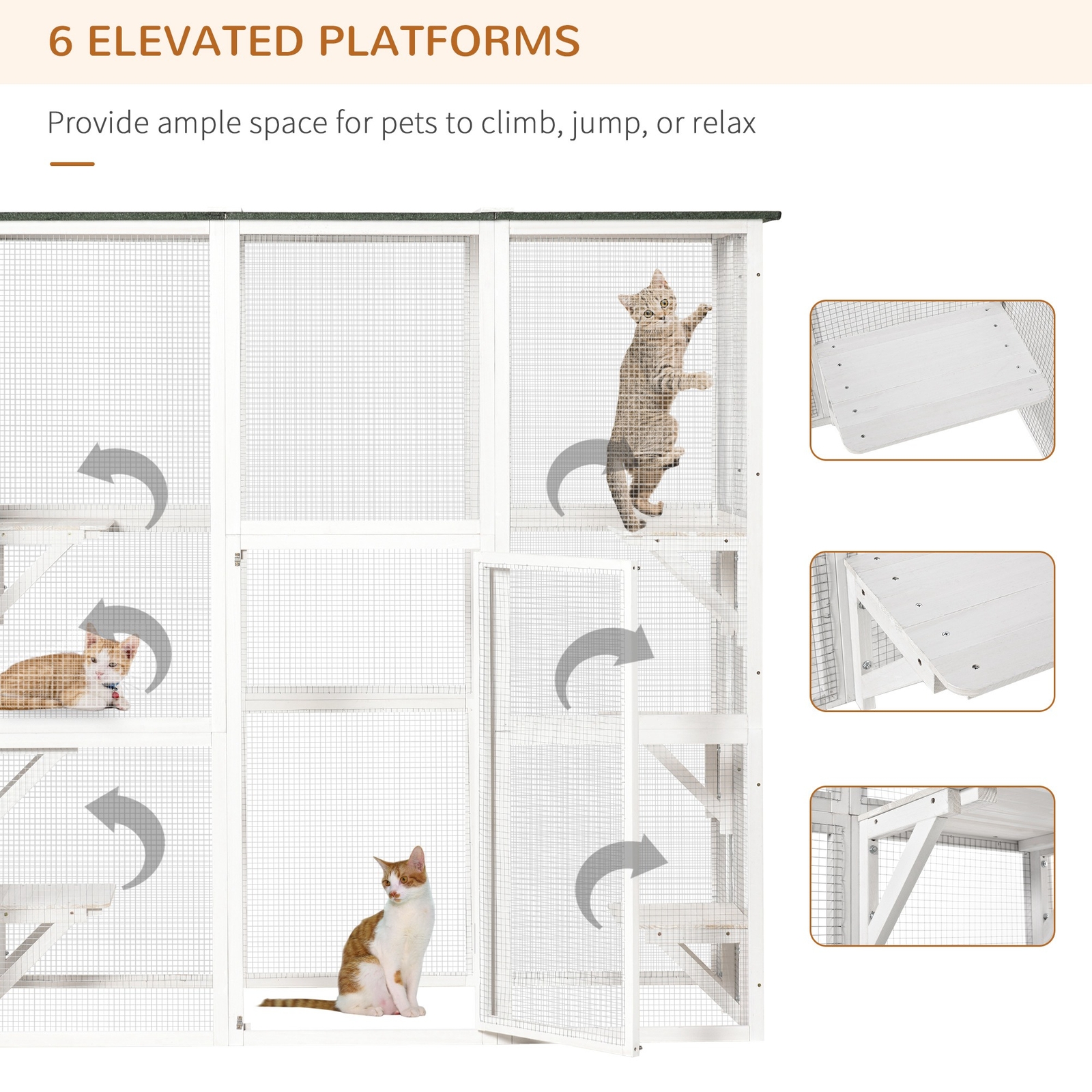 Outdoor Cat House with Weather Protection, Multiple High Ledges, 71" L, White