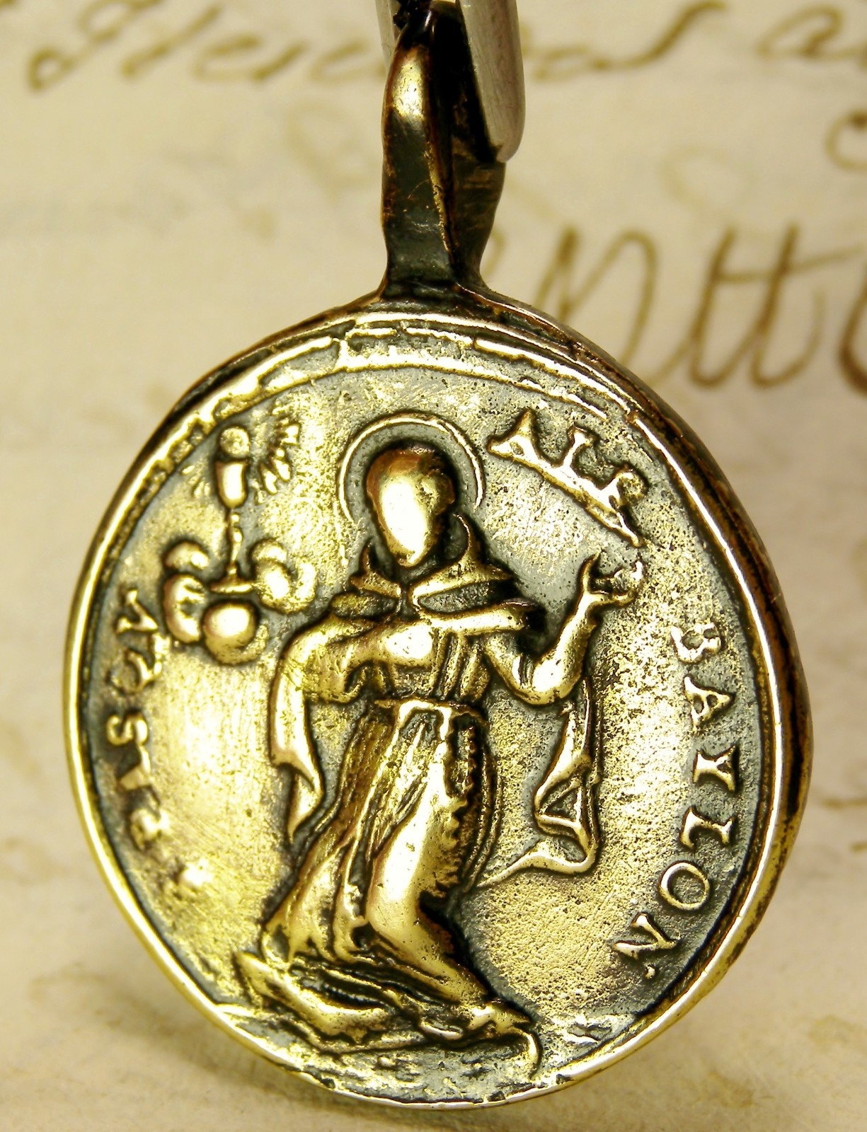 ANTIQUE 18TH CENTURY BRONZE MEDAL ST CLARE OF ASSISI & ST PASCHAL BAYLON