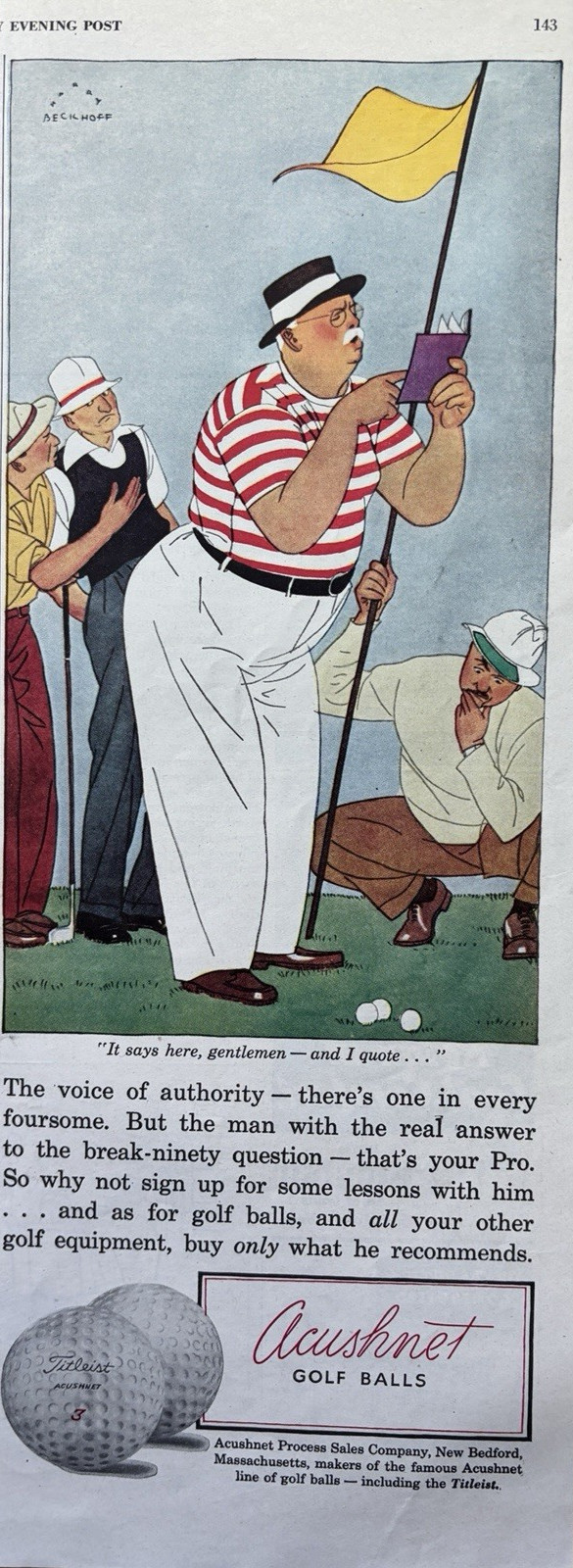 1946 Acushnet Golf Balls New Bedford Mass Titleist Cartoon Lessons VTG Print Ad