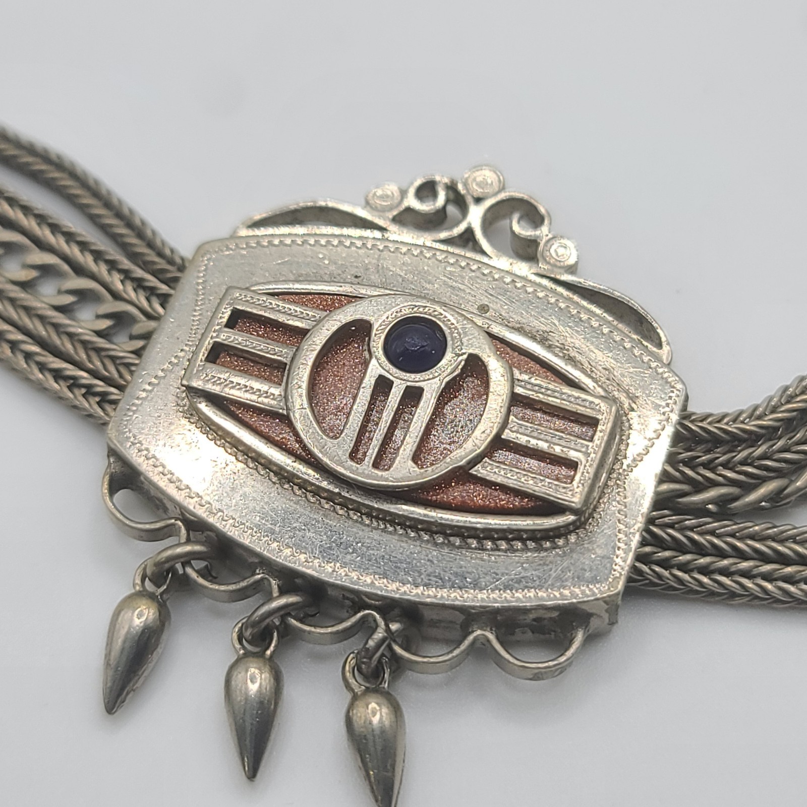 Vintage Slider Watch Chain Fob Gold Stone Fringe Silver Tone HEAVY NICE