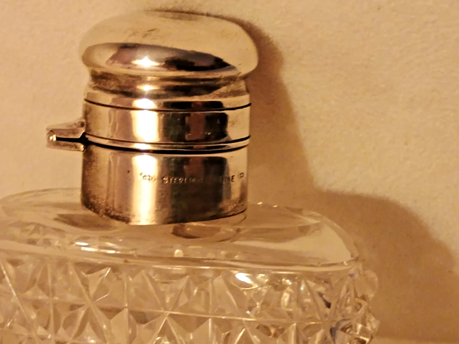 Vintage Crystal Flask w/ Sterling Silver Cup w 3D Repousse & Bayonet Mount Cup